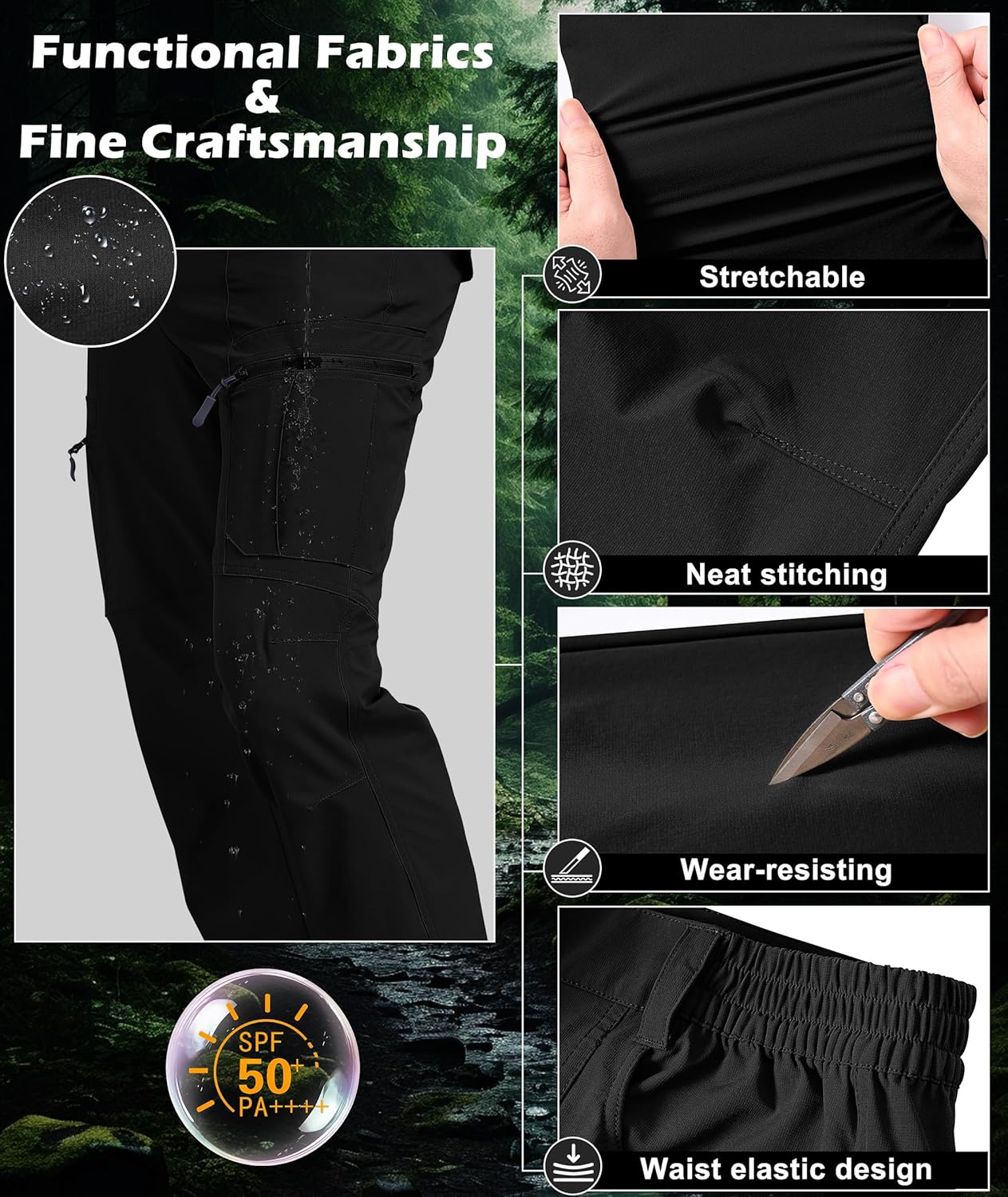 Mens Hiking Pants Waterproof Cargo Work Pants Lightweight Nylon Quick Dry Outdoor Travel Pants 6 Pockets - Image 4