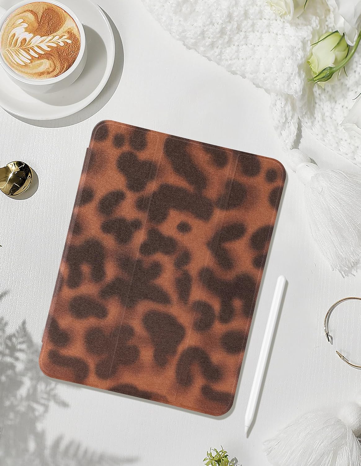 Compatible with iPad Air 11-Inch M3 (2025)/M2 (2024), iPad Air 5th/4th Generation 10.9-Inch Case, with Pencil Holder Tortoise Shell Aesthetic Design Soft TPU Trifold Stand Protective