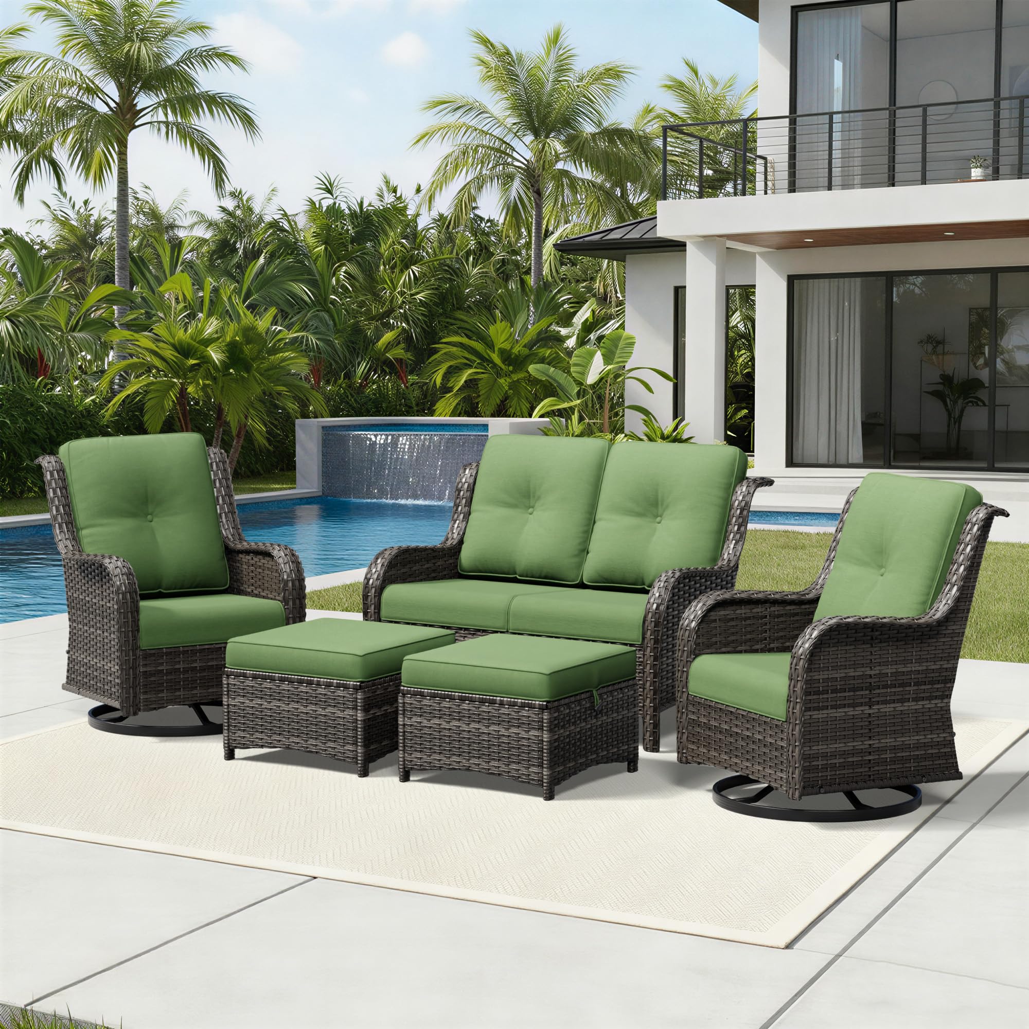 Joyside 5 Piece Wicker Patio Furniture Set, Outdoor Swivel Rocker Patio Chairs with High Back, Deep Seating, Wide Armrest, Thickened Cushions, Outdoor Furniture for Deck, Porch Use