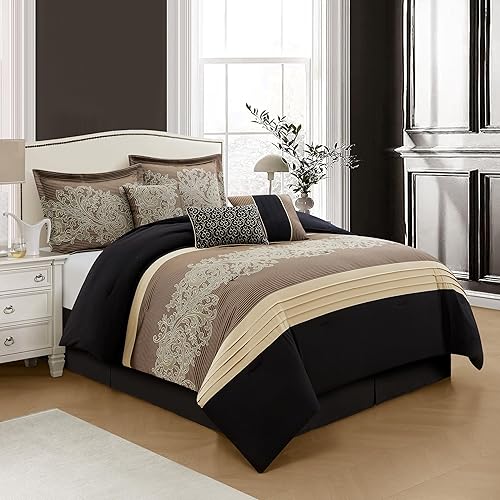Miniatura 9 de Grand Avenue - Juego de edredón beige y dorado tamaño California King, 9 piezas de ropa de cama jacquard floral para todas las estaciones, Beige