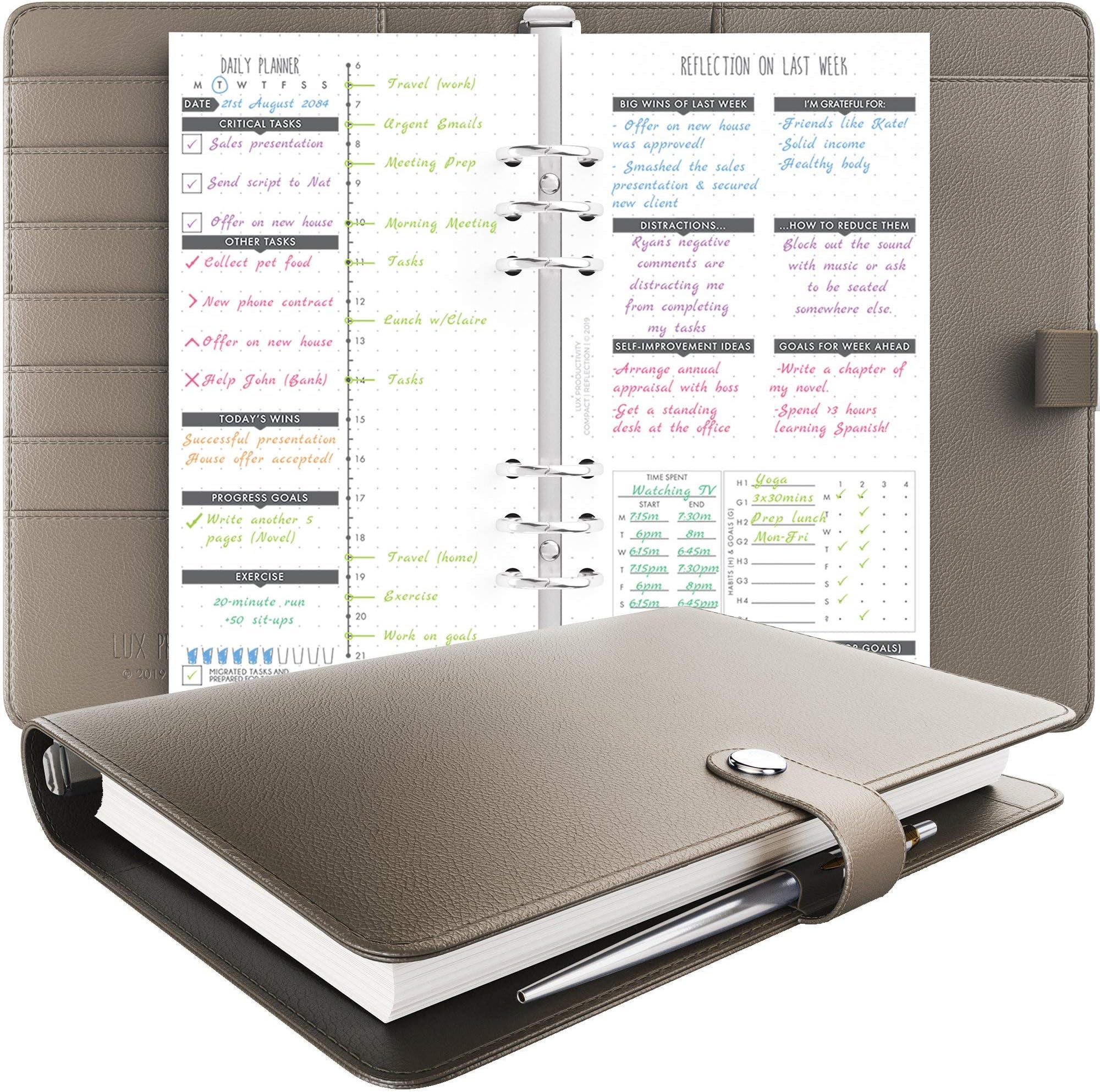 Compact Planner – Best Undated Diary/Organizer with Daily Schedule & Reflection Journal - (Cappuccino)