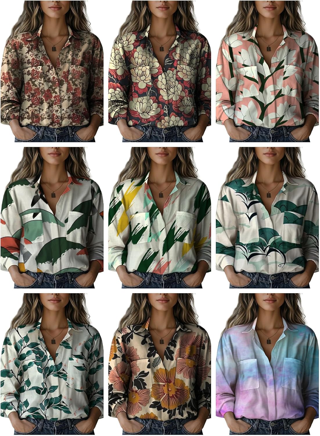 Long Sleeve Shirts for Women Spring Graphic V Neck Plus Size Hawaiian Beach Flowy Gauze Tops with Pocket - Image 4
