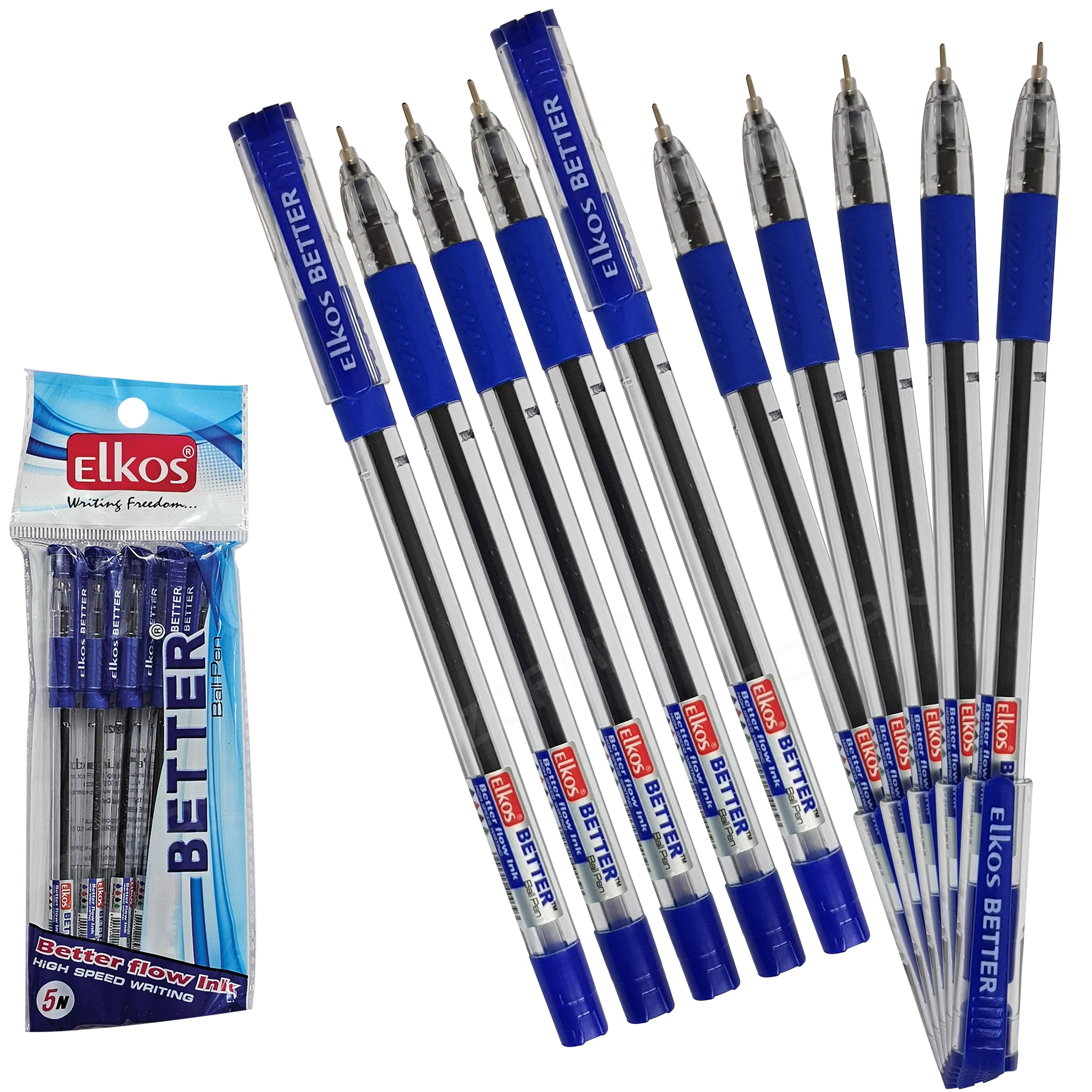 ELKOS BLUE Ballpoint Pens, 0.7mm Fine Point, Pack of 10, Better Ball Pens, Smooth Writing, Soft Grip, School Office Home Use, ZOFAX Black Ball Pen