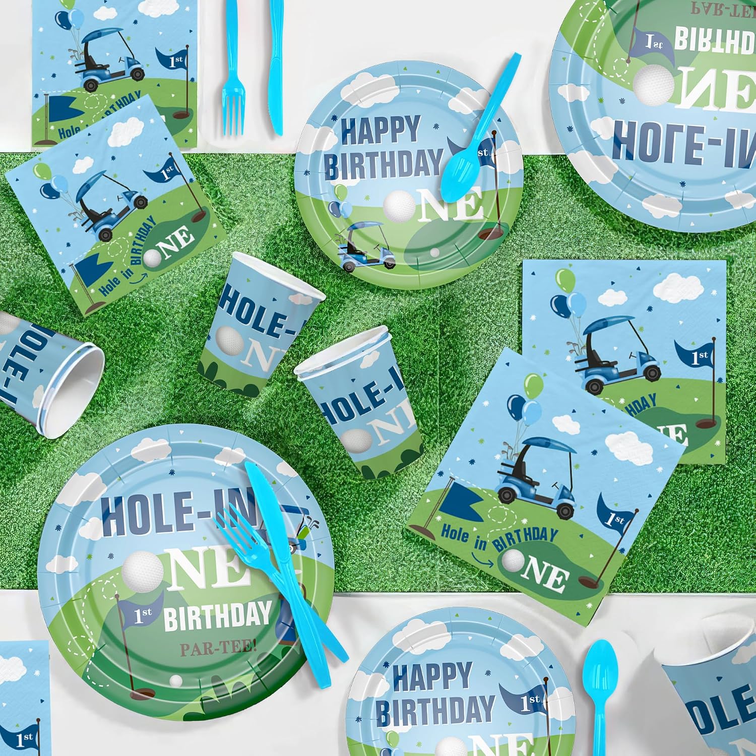 Xigejob Golf First Birthday Party Supplies, Hole In One Birthday Decorations Tableware, Golf 1st Paper Plate, Cup, Napkin, Tablecloth, Disposable Cutlery, Serves 24