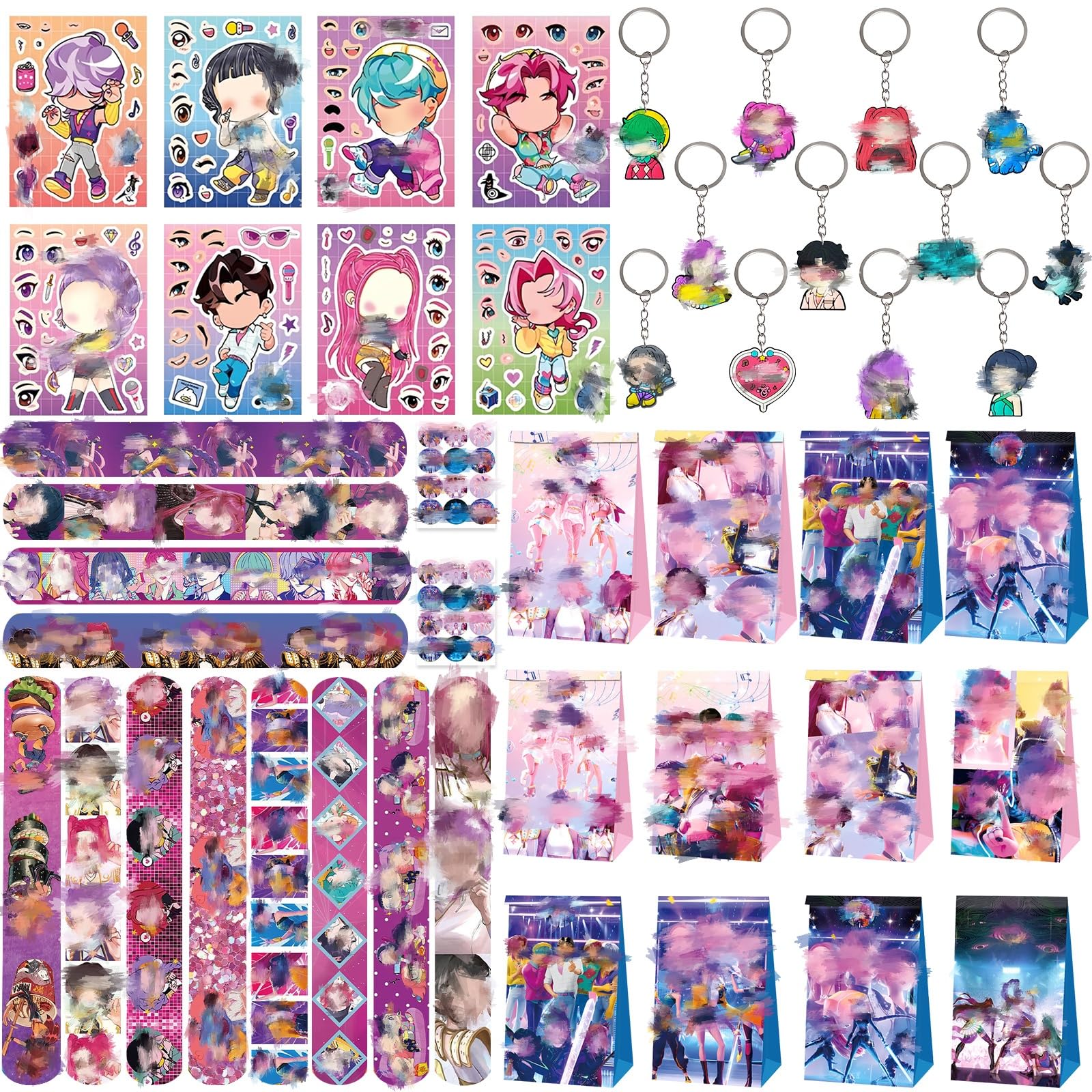 Sidesea 56 PCS Kp0P Party Bag Fillers for Kids, Kids' Party Favours With 8 Stickers 12 Keyrings 12 Snap Bands 12 Party-Bags 12 Sealing Stickers for Childrens Stocking Fillers for Boys Girls — image 1