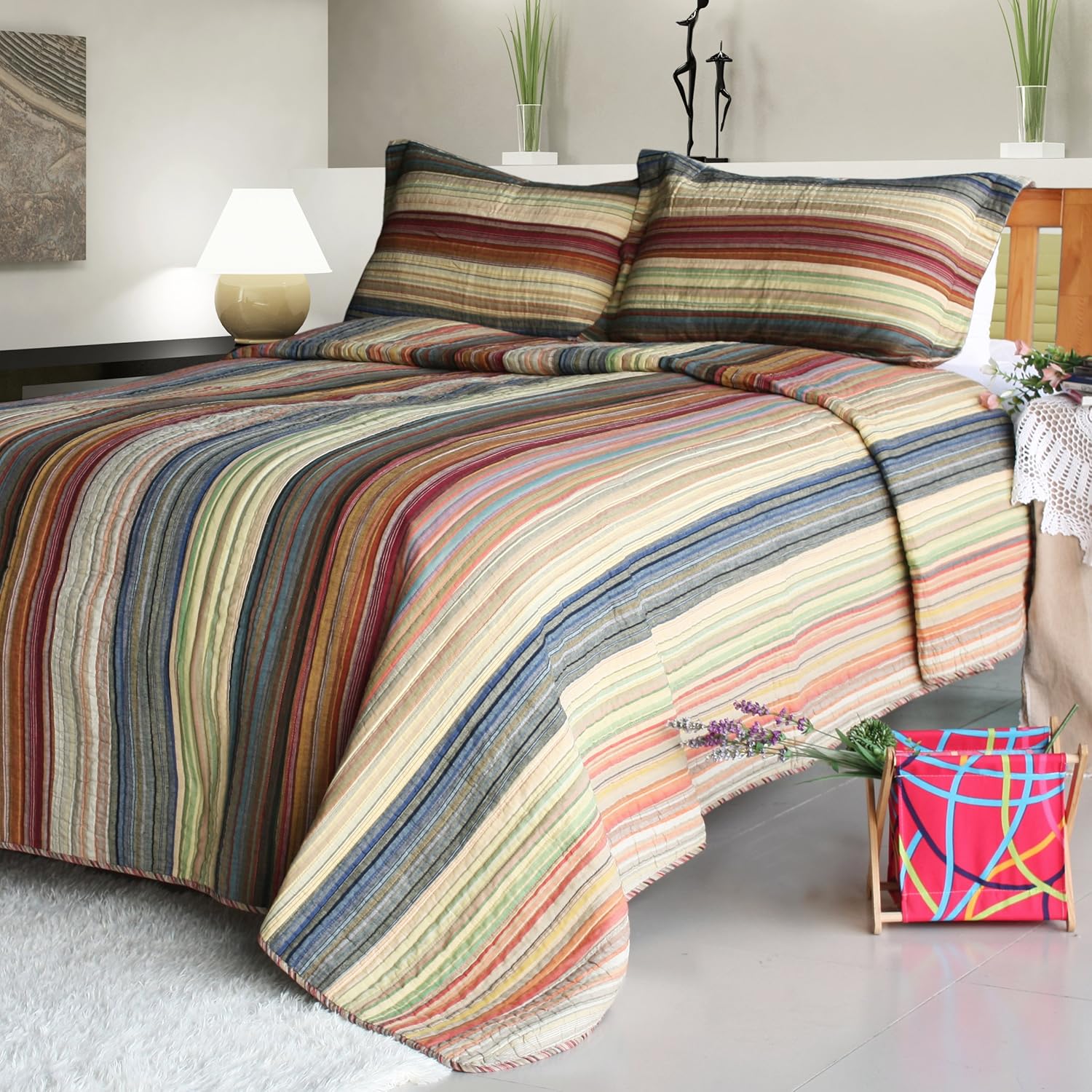 [Enthusiasm Desert2] Cotton 3PC VermicelliQuilted Striped Printed Quilt Set (Full