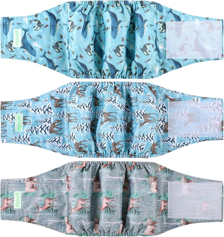 Fralda Lavável para Cães Machos wegreeco com Faixa Abdominal Ajustável, Estampa Golfinhos, Tamanho Médio, Pacote com 3