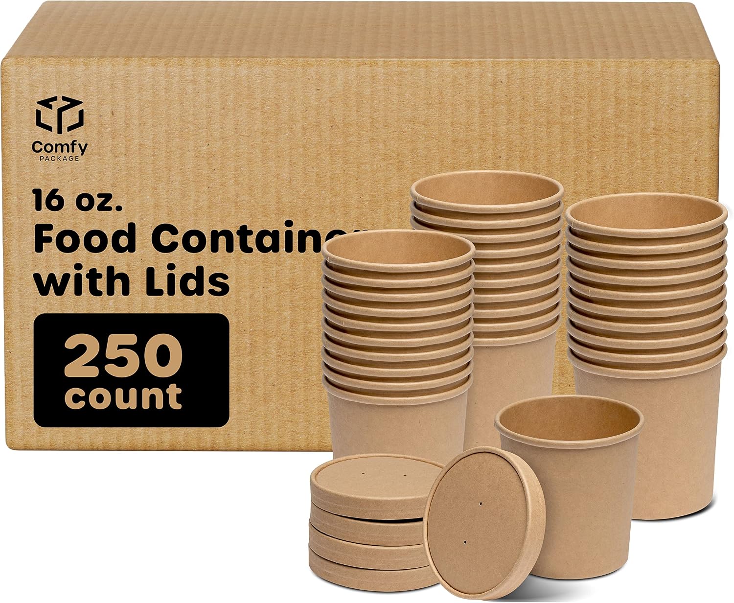 [Bulk Case of 5/50 Sets] 16 oz. Paper Food Containers With Vented Lids To Go Hot Soup Bowls, Disposable Ice Cream Cups, Kraft
