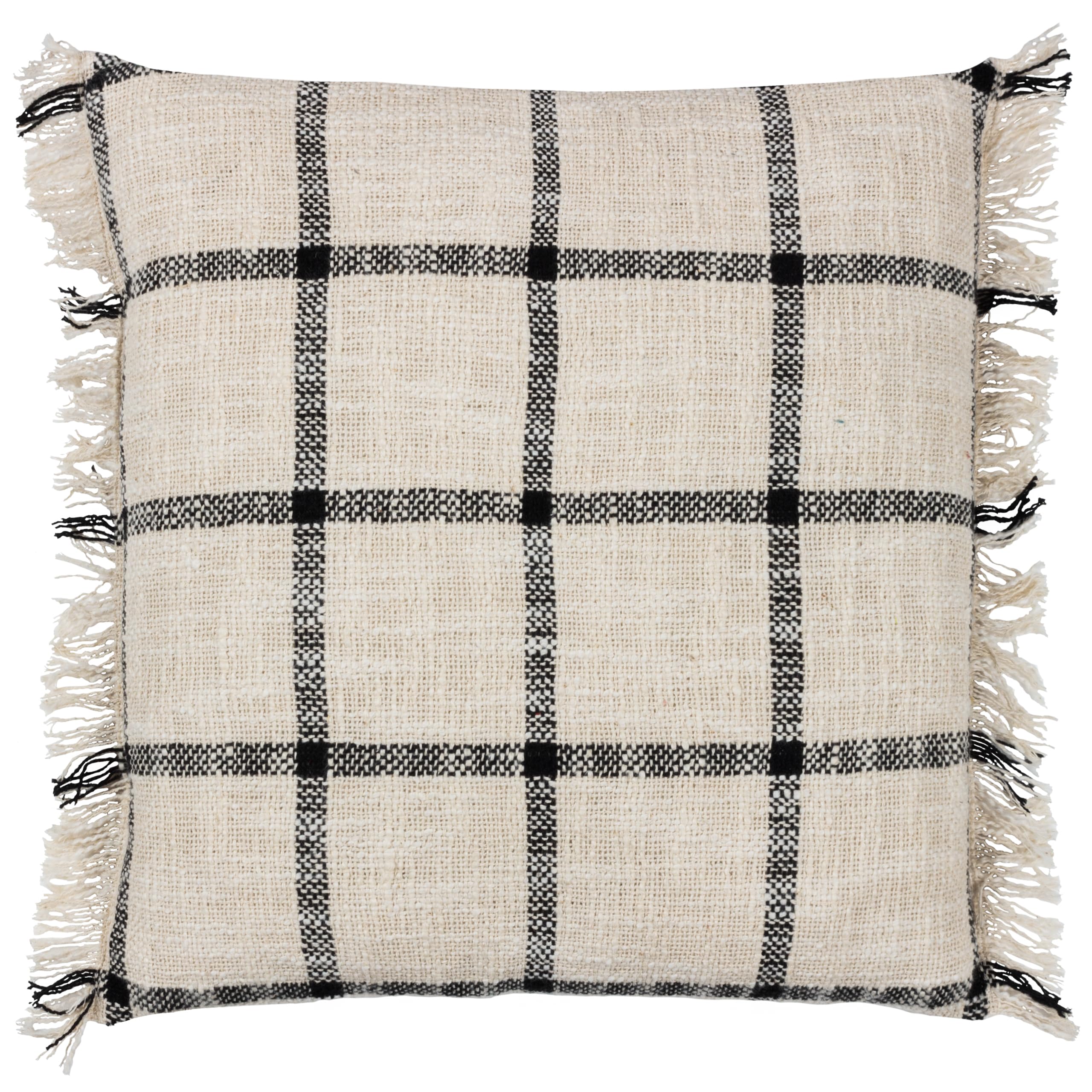 Yard furn Beni Feather Filled Cushion – Woven Check Cotton with Double Fringed Trim (Natural/Black – 45cm x 45cm)