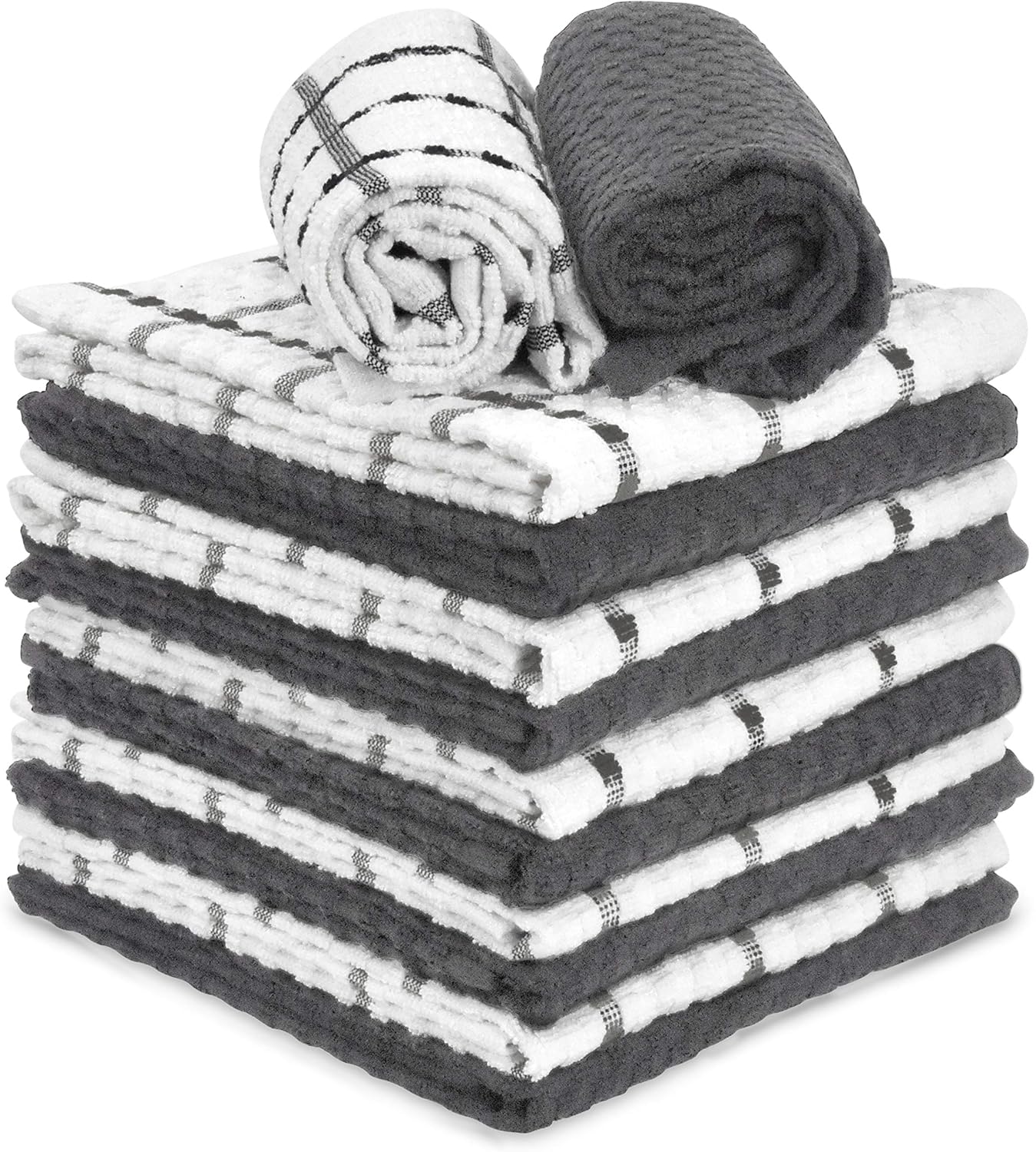 Kitchen Dish Towels Grey & White 100% Cotton Dish Cloths Dobby Weave, 12 Pack Gray Soft and Absorbent Terry Towel Set, Hand Towel and All Kitchen Cleaning 15” X 25” Machine Washable