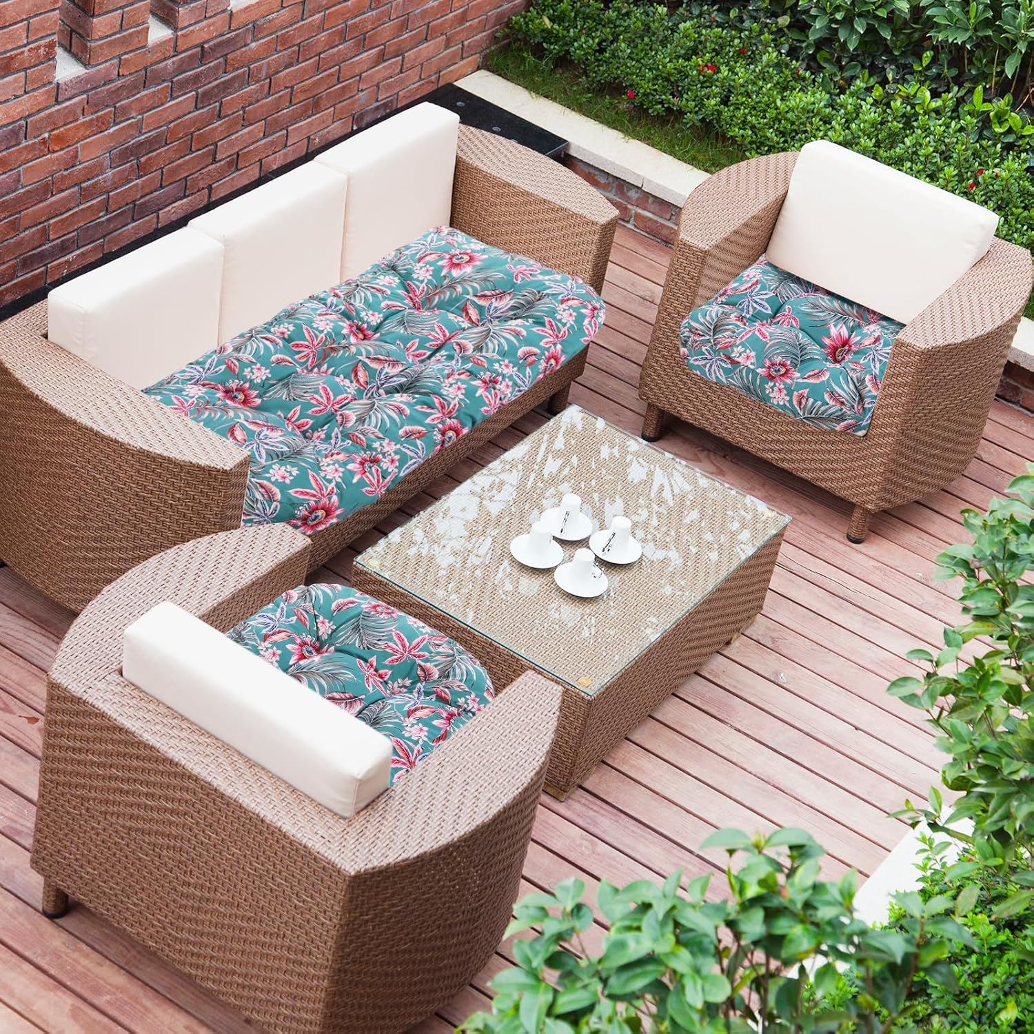 3 Pcs Wicker Chair Outdoor Cushion for Furniture, 1 Loveseat Seat and 2 U-Shape Cushion for Patio Furniture(Tropical Flower)