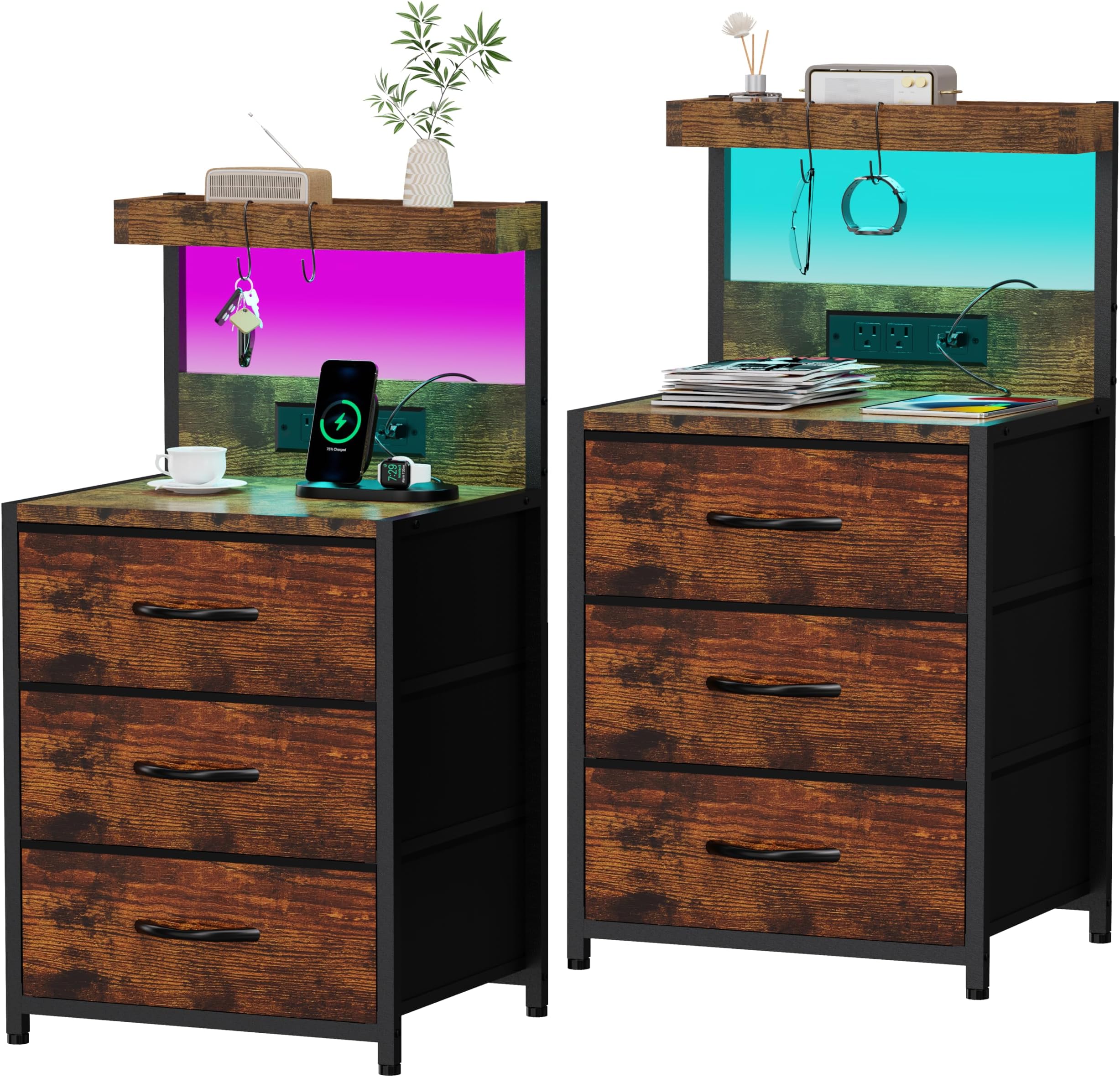 Amazon.com: Nightstand with Charging Station and LED Lights, LED Night ...