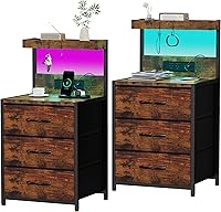 Set of 2 Rustic Brown Nightstands with RGB LED Lights, Type-C Charging Station, 3 Fabric Drawers & Hooks - Bedroom End Tables