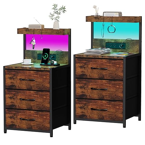 Nightstands Set of 2, End Table with LED Light and Charging Station Type C, 3 Drawers Storage Dresser Night Stand with Hooks, Tall Bed Side Table for Bedroom Dorm, Rustic Brown