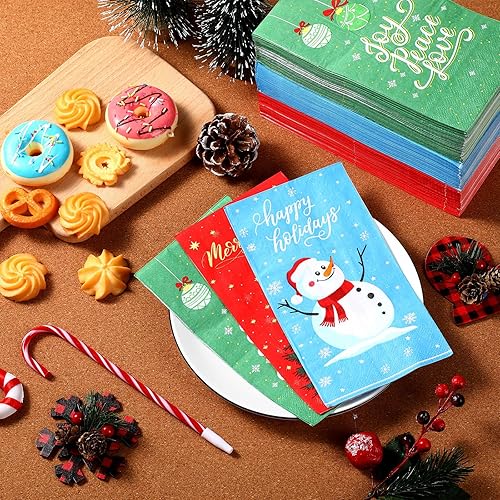 Miniatura 4 de Honoson 120 servilletas de papel de Navidad, toallas de mano de papel desechables para invitados, baño, muñecos de nieve, árbol de Navidad, copos de