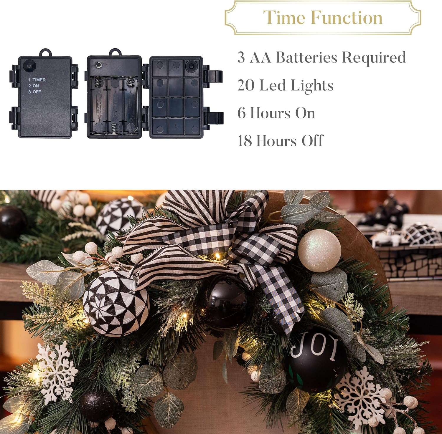 Valery Madelyn Pre-Lit Christmas Swag for Decorating Outdoor, 24 Inch Black White Mailbox Swag Decoration Teardrop with 20 LED Lights, Ball Ornaments for Front Door Stairway Window Shelf Xmas Decor