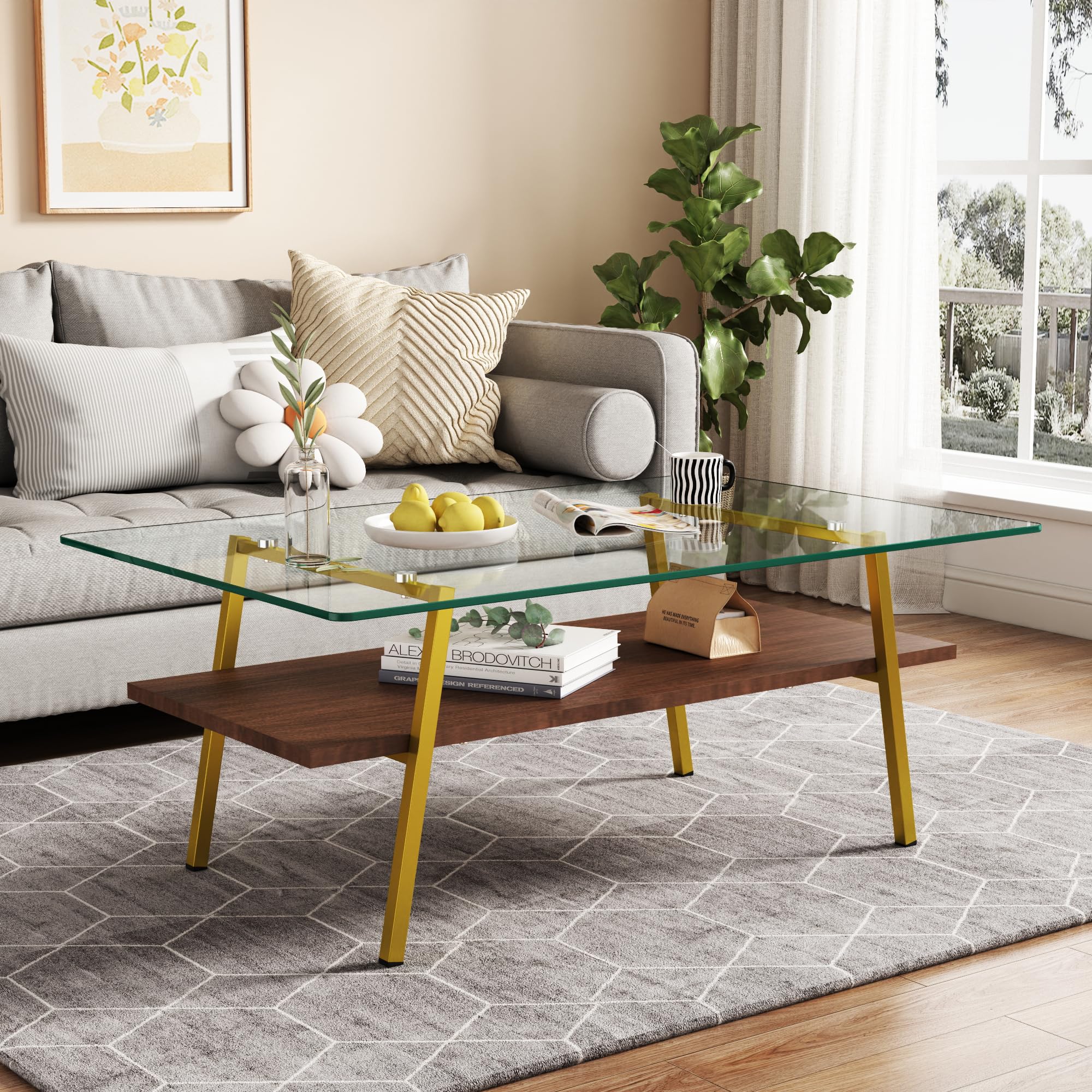 IANIYA Glass Coffee Table for Living Room Small Gold Mid Century Coffee Table for Living Room with Wood Shelves (Gold Frame, Transparent Glass + Brown