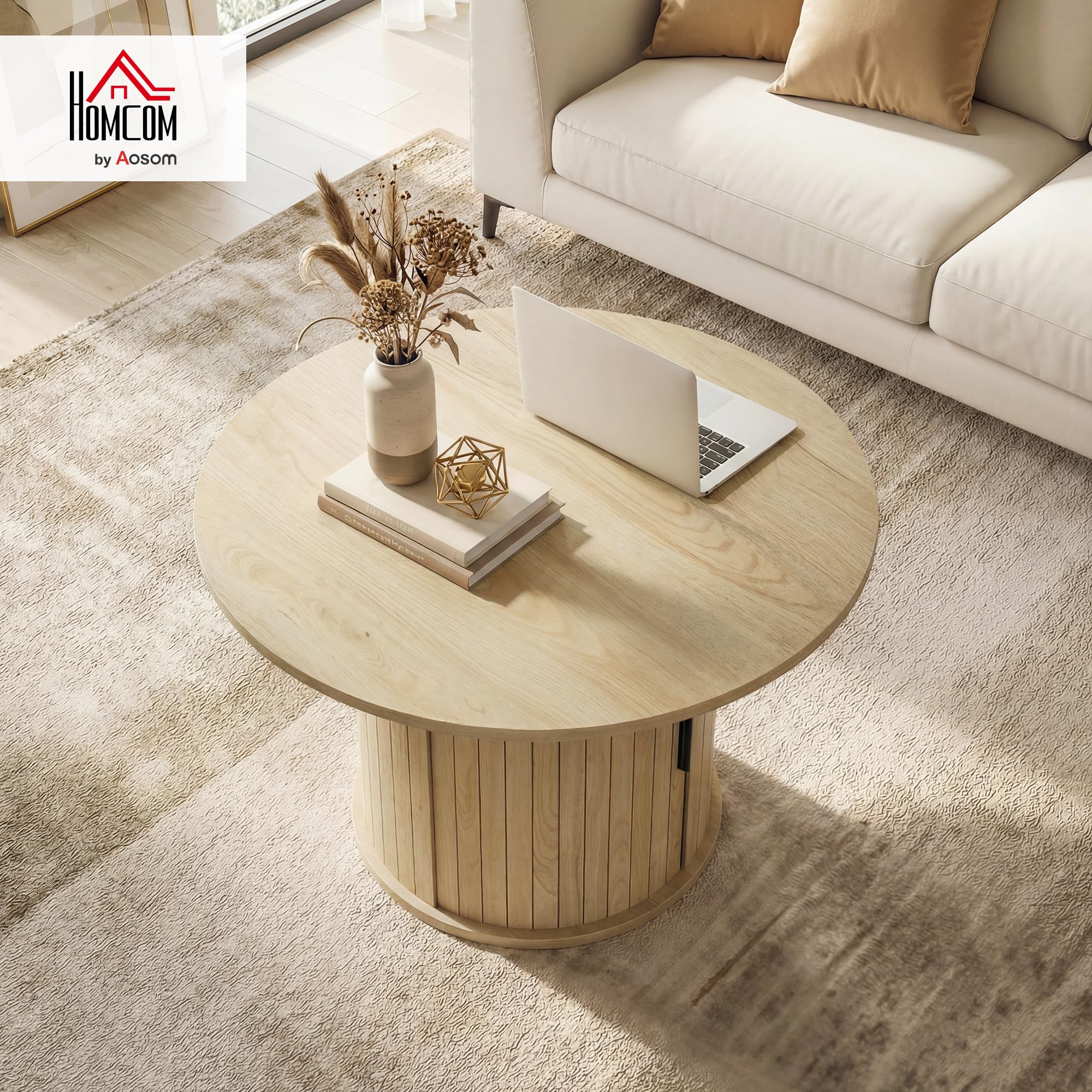 HOMCOM Table Basse Ronde, Table de Salon avec Rangement, Porte coulissante à Lattes, 2 étagères, Patins en Feutre, Style Moderne, pour Salon, Bureau, Ø 80 x 50 cm, Effet Bois Naturel