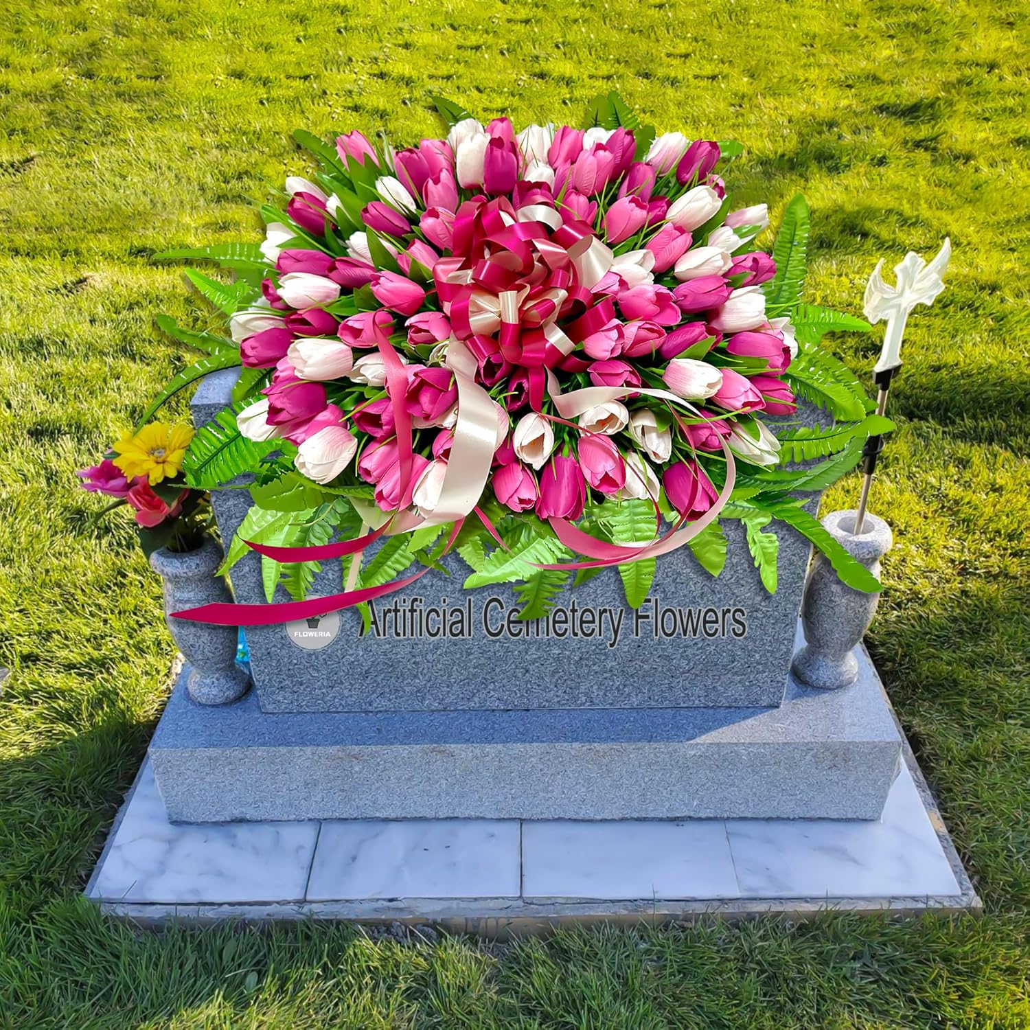 FLOWERIA Spring Flowers for Cemetery Grave Decoration Headstone Flower Saddle with Artificial Tulips, Large Size