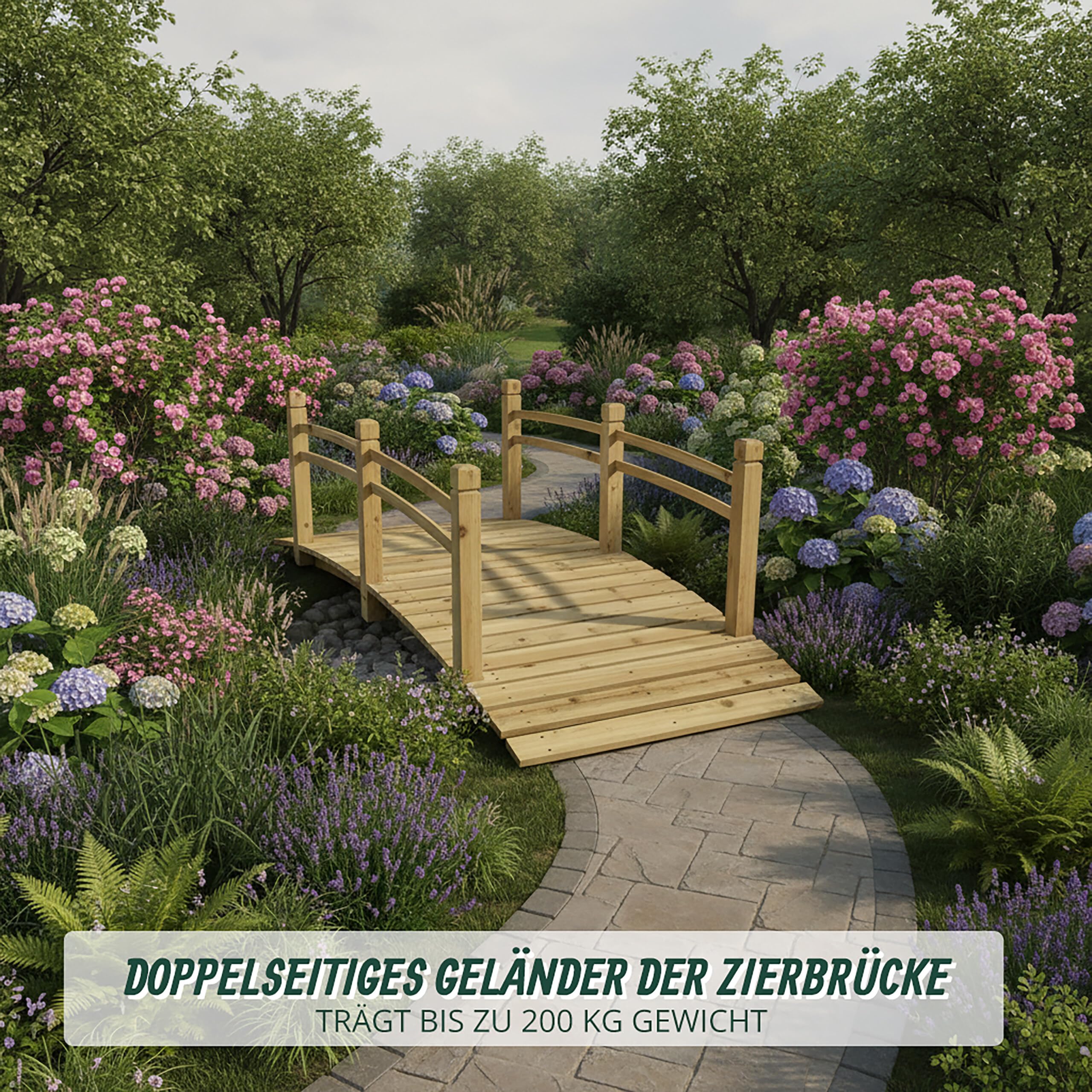 Relaxdays Garten Brücke, mit Geländer, Tannenholz, Gartenteich, HxBxT: 58 x 185 x 72 cm, 200 kg, Holzbrücke, Natur