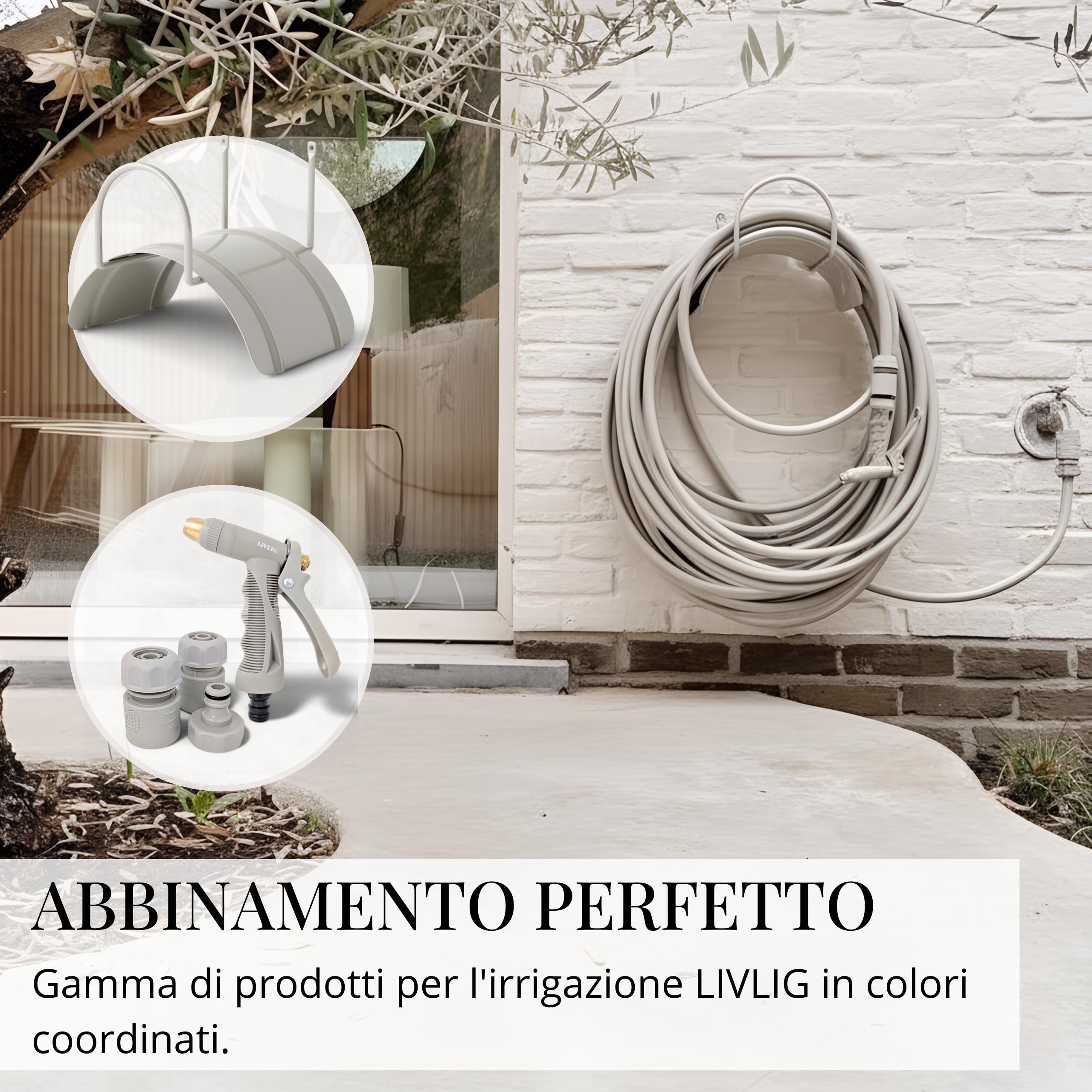 LIVLIG Tubo da Giardino 20m Design – Tubo Irrigazione Flessibile, 60% Riciclato, Resistente UV, Anti-Torsione, 1/2 Pollice, Greige