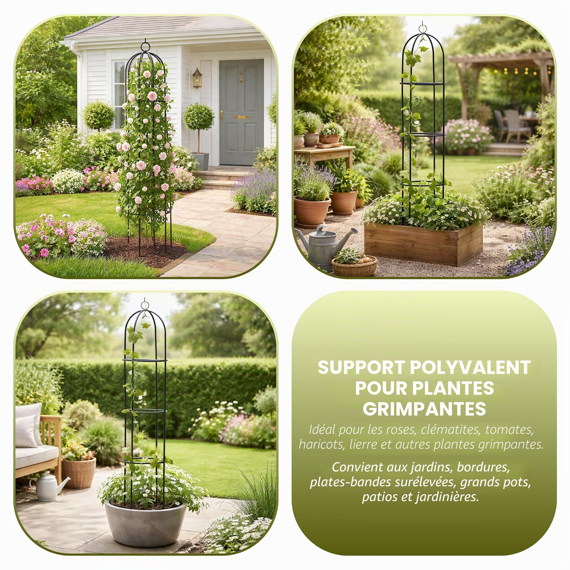 Garden Mile® Grand obélisque décoratif de jardin - Solide structure tubulaire en métal pour rosiers, plantes grimpantes - Hauteur de 2 m, noir