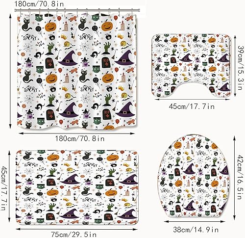 Miniatura 5 de Juego de 4 cortinas de ducha de Halloween, espeluznante cortina de ducha de gato negro con calabaza para decoración de baño de Halloween con