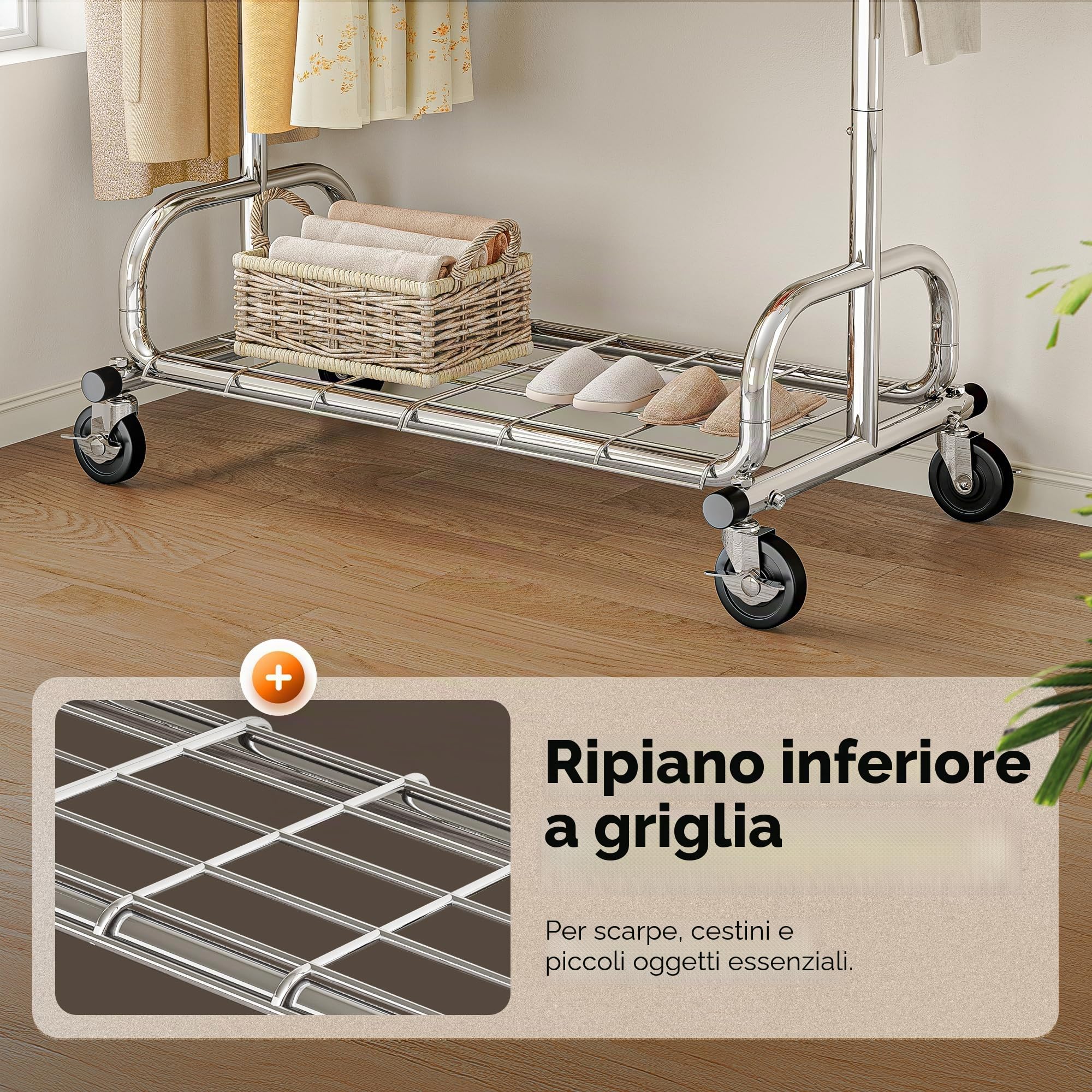 HOKEEPER Appendiabiti resistente, capacità 136 kg, appendiabiti estensibile con ruote e ripiani bloccabili, salvaspazio per camera da letto, piccoli appartamenti, lavanderia, argento
