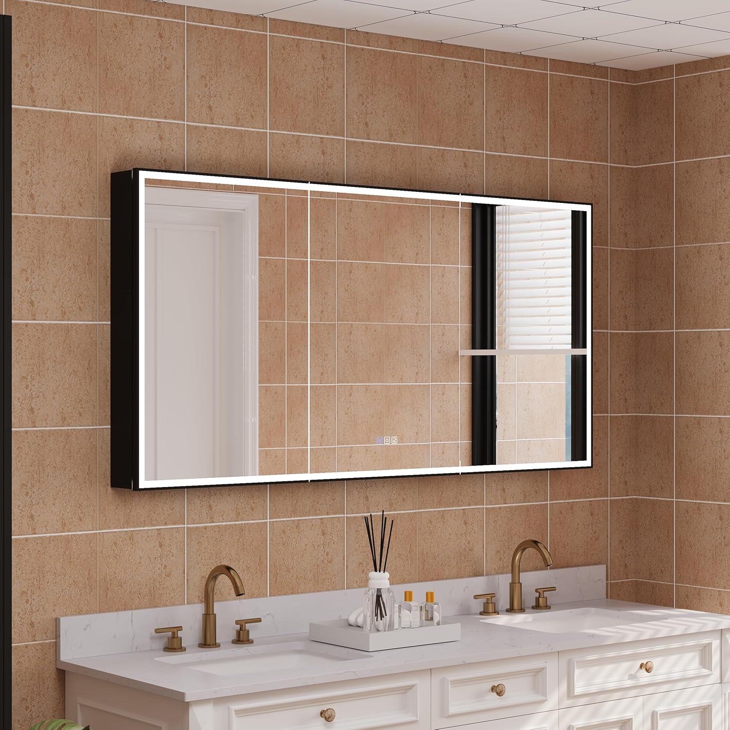 WELLFOR 60" X 30" LED Mirrored Medicine Cabinet, Medicine Cabinets with Lights for Bathroom, Defogging Function Mirror Cabinet, Bathroom Medicine Cabinet with USB Port & Outlet, Three Opening Doors