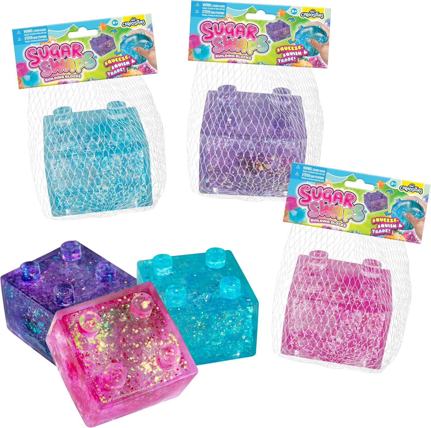 ORB Sugar Swaps Squishy Building Blocks Toy 3 Pack - Blue, Pink, Purple Connecting Building Block Squishies to Stretch, Squeeze, Collect, Trade - Stress Relief Blocks, Fidget Toys for Kids and Adults