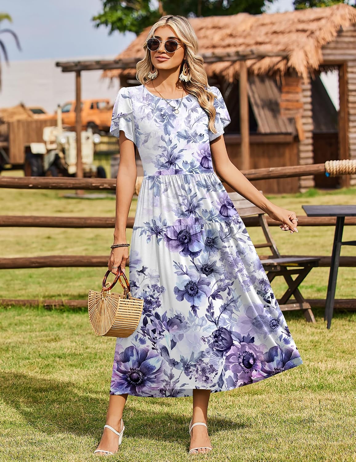 Zeagoo Summer Dresses for Women 2026 Maxi Bohemian Floral Short Sleeve Long Dress Casual Flowy Tired Beach Sundress