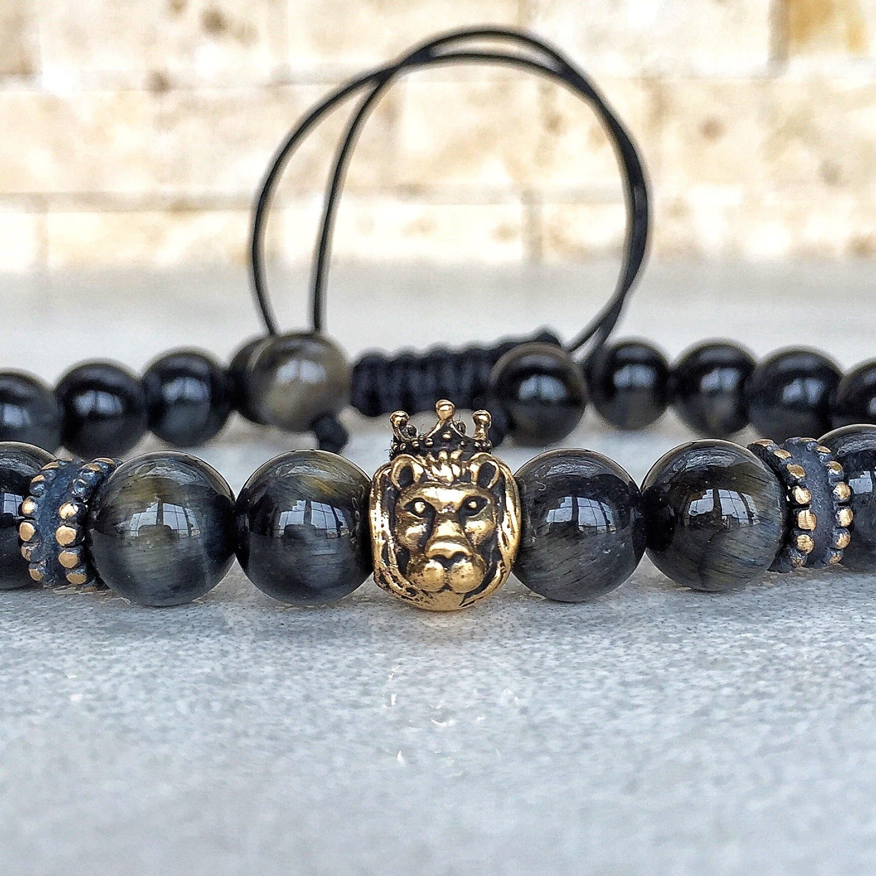 COPPER LION BLACK TIGER EYE MACRAME BRACELET