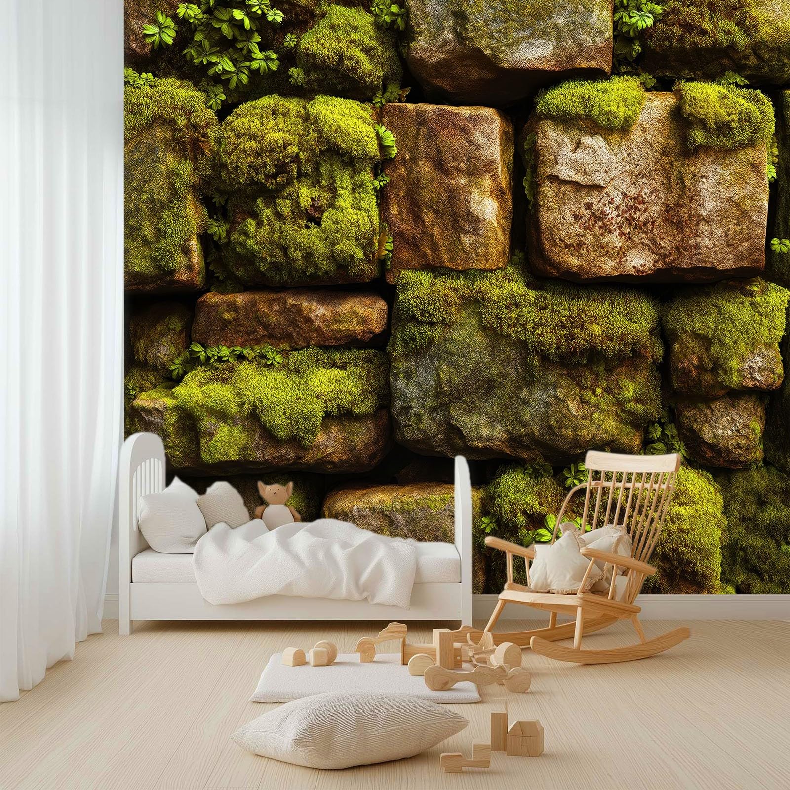 Générique Panoramiczna tapeta 200 x 140 cm nowoczesny kamień ściana mech zioła aromatyczne - tapeta z efektem 3D gobelin ścienny z włókniny - dekoracja ścienna do salonu, sypialni i kuchni zielona