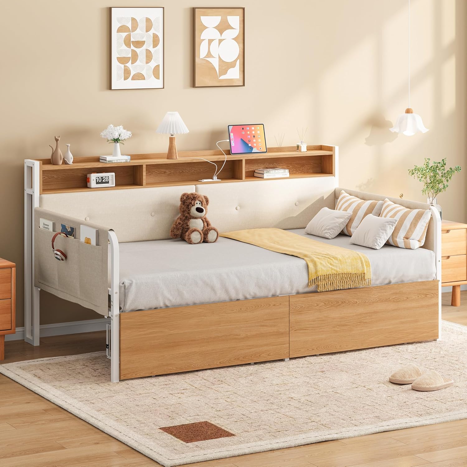 LIKIMIO Twin Daybed with Storage, Twin Bed Frame with Upholstered Headboard and Charging Station, Sofa Day Bed with Strong Supports for Living Room, Bedroom and Guest Room, White