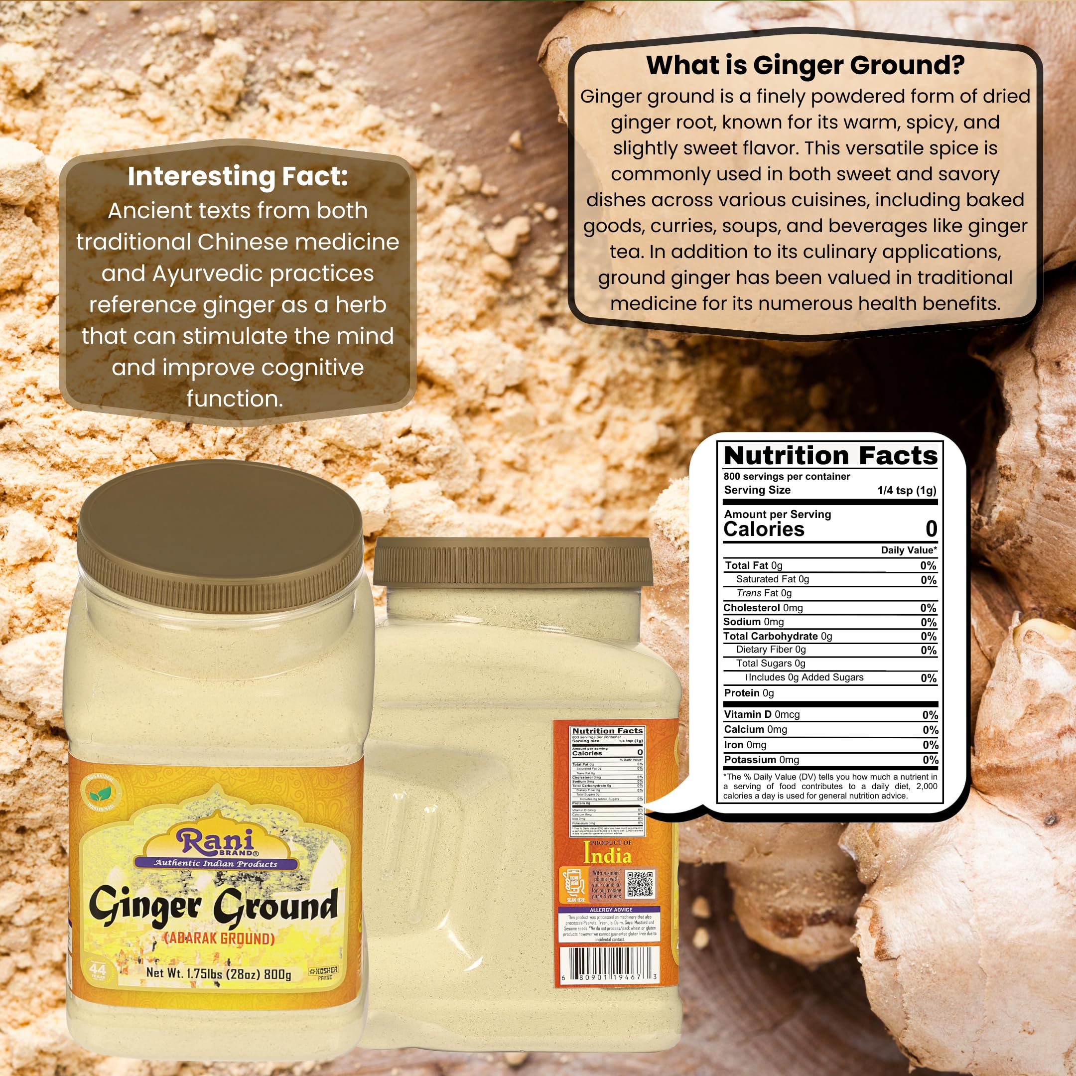 Rani Ginger (Adarak) Powder Ground, Spice 28oz (1.75lbs) 800g PET Jar ~ All Natural | Vegan | Gluten Friendly | NON-GMO | Kosher | Indian Origin