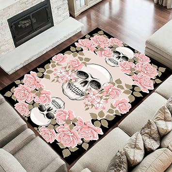 Skeleton Large Area Rugs, 4x6ft, Bohemian Rose Floral with Skulls Print Goth Decor Door Mat, Low-Profile Short Pile Non Shedding Gothic Rug for Dining Room Home Office