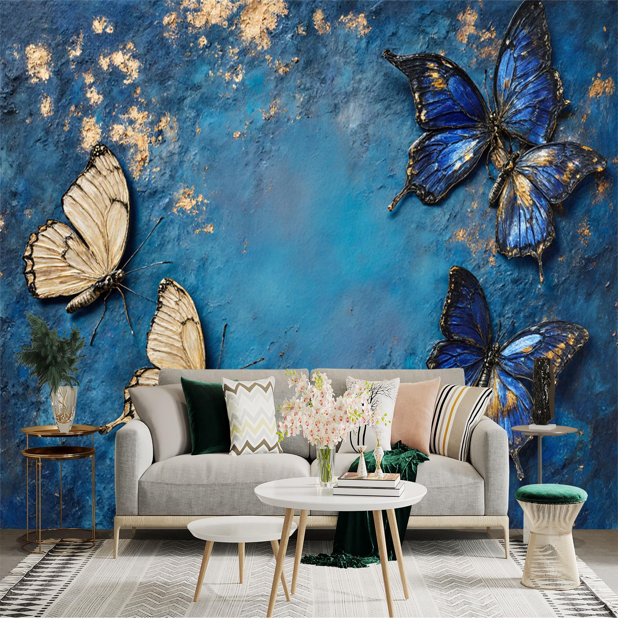 Custom Size Wall Sticker Mural， Blue and White Butterflies on Textured Navy Background， Gold Foil Accents， for wall Decoration， peelandstick wall Decals.