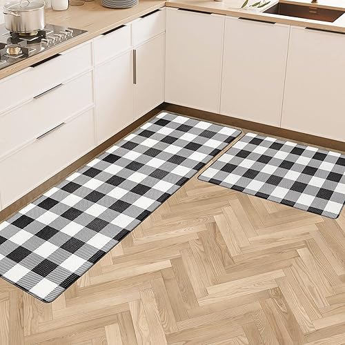 Tapete de cocina, 2 unidades, acolchado, antifatiga, a cuadros, de 17.3 x 27.5 pulgadas + 17.3 x 47 pulgadas, tapete de cocina blanco y negro,
