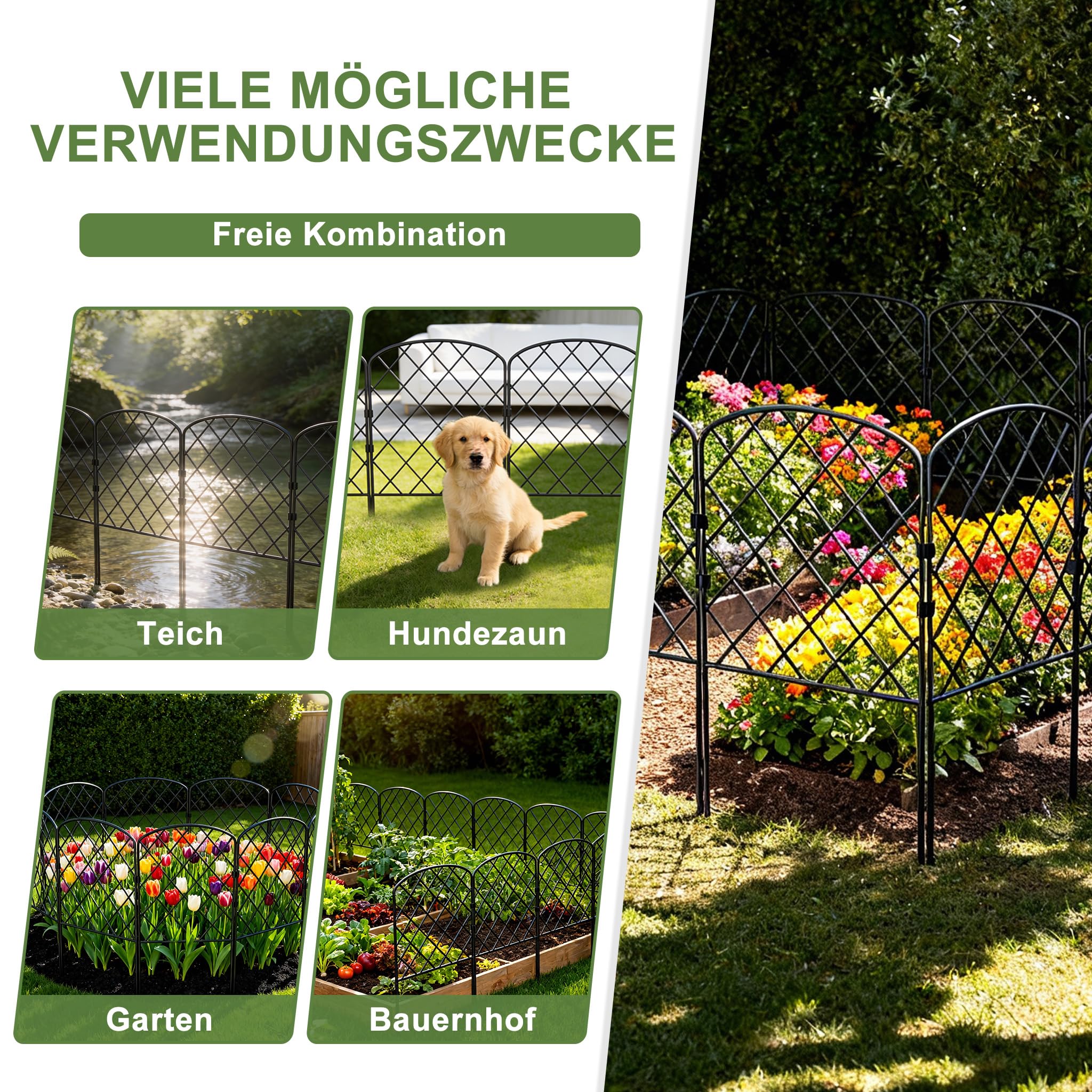ACXIN 25er Steckzaun aus Metall, Dekorativer Gartenzaun 8m mit Erdnägel Kunststoff-Verbinden, Zaun für Hunde Weidezaun oder Tierbarriere, Teichzaun Beetzaun für Garten und Blumenbeet(Typ A)