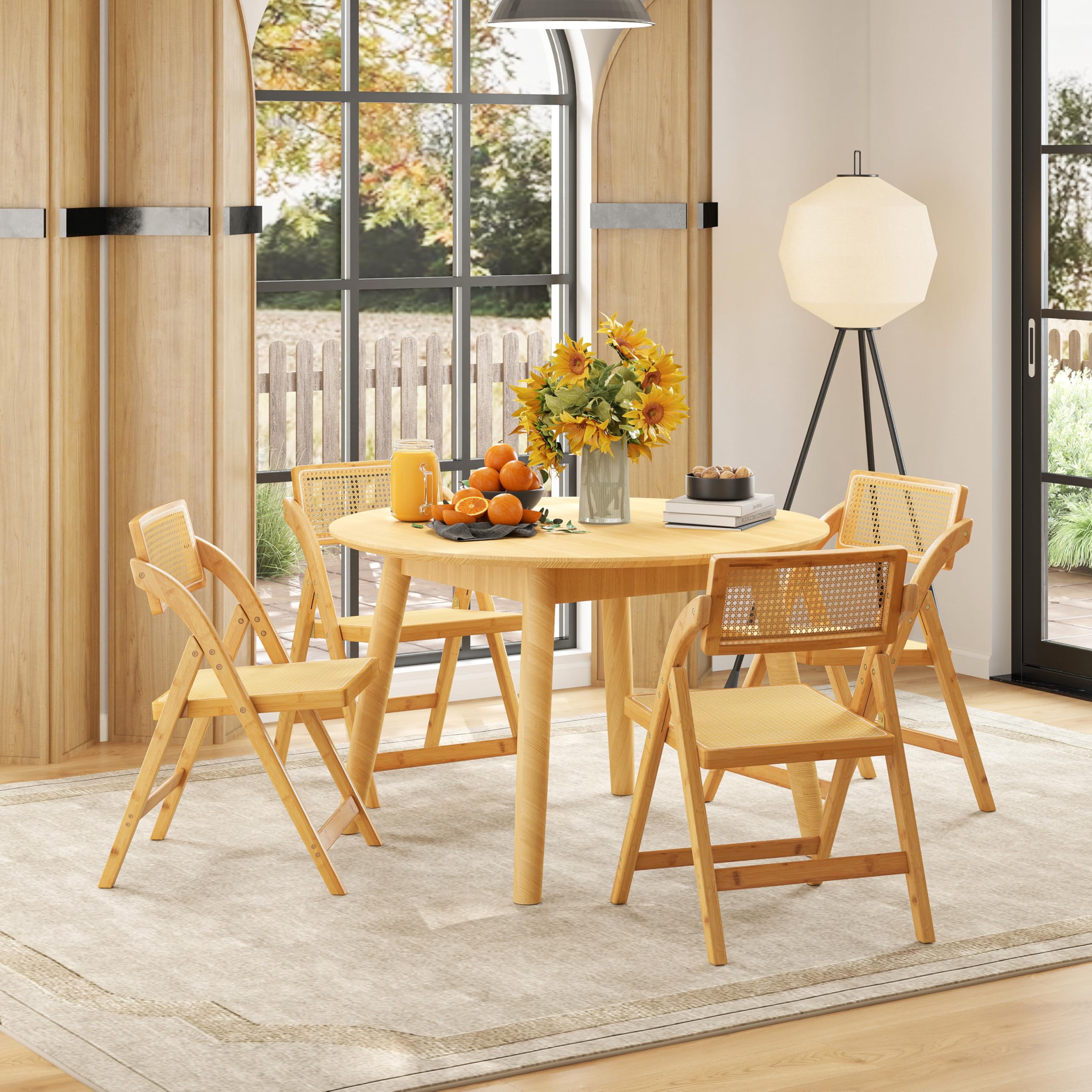 RELAX4LIFE Lot de 2 Chaise Pliante Bois, Chaises Rotin Salle à Manger avec Cadre en Bambou, Dossier Pivotant, Chaise Cannage Pliante, Style Bohème, Aucun Montage, Charge 150 kg, pour Cuisine Salon (1)
