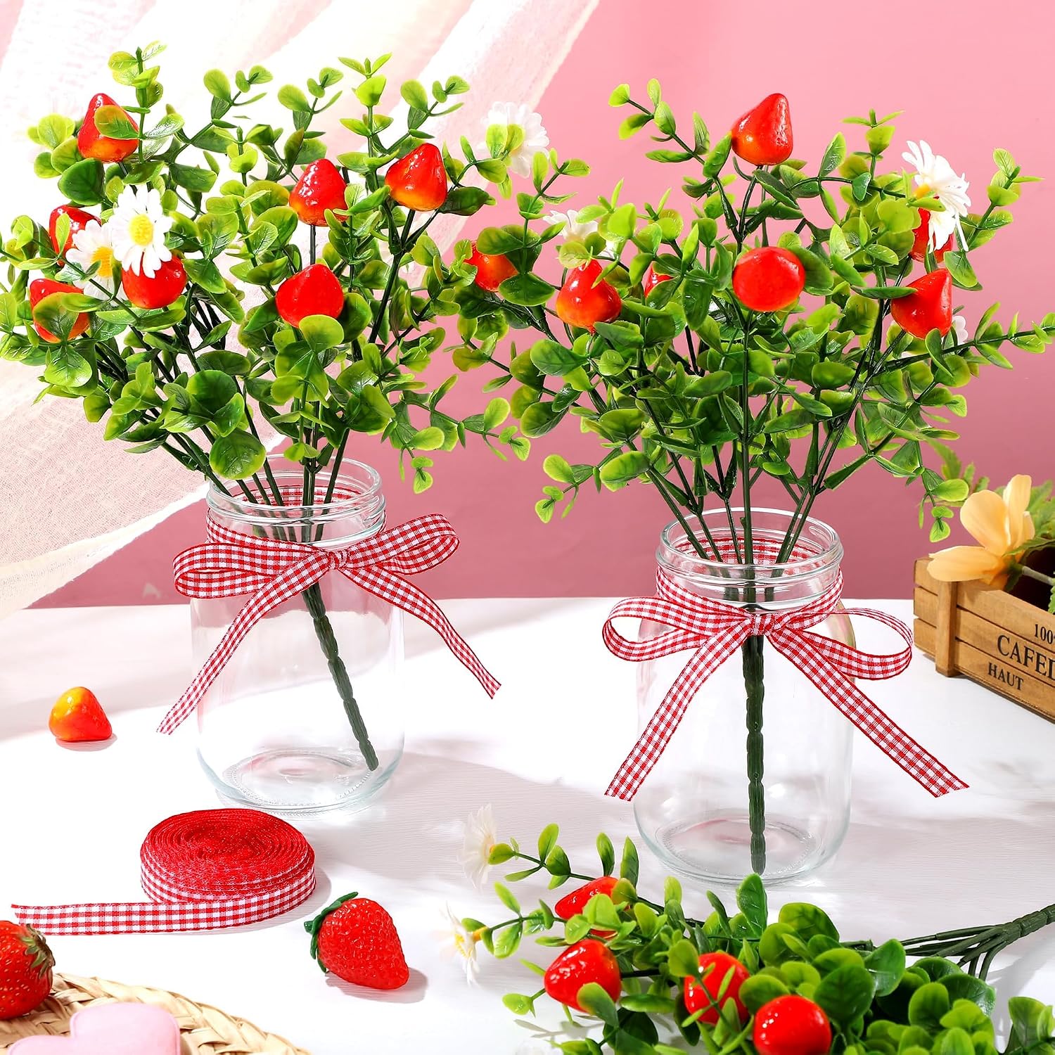 Fovths 6 Set Strawberry Mason Jar Table Centerpieces Fake Strawberry Plant | Artificial Flowers with Vase Home Centerpiece for Dining Table Engagement Farmhouse Kitchen Wedding Decor