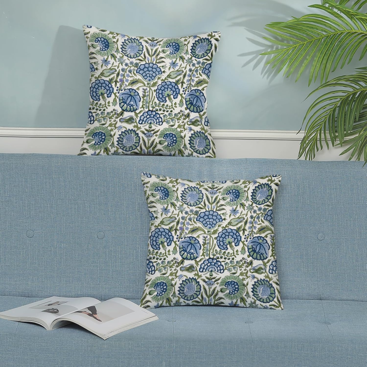 Boho Navy Blue Pillow Covers 18x18 Inch 2 Pcs Sage Green Vintage Floral Decor Throw Pillows Spring Flower Summer Outdoor Farmhouse Decoration Pillowcase Cushion Cover for Couch Sofa Bed - Image 3
