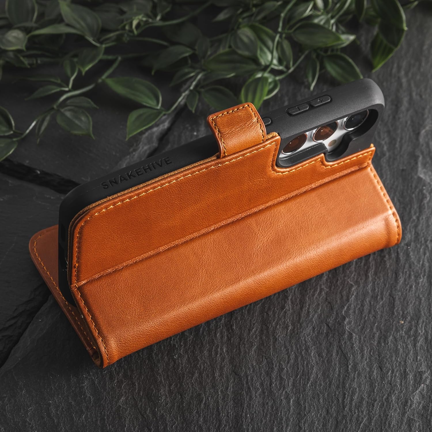 Snakehive Leather Wallet for Samsung Galaxy S24 5G - Real Leather Wallet Phone Case - Genuine Leather with Viewing Stand and 4 Card Holder - Side Clasp Flip Folio Cover with Card Slot (Smooth Tan)