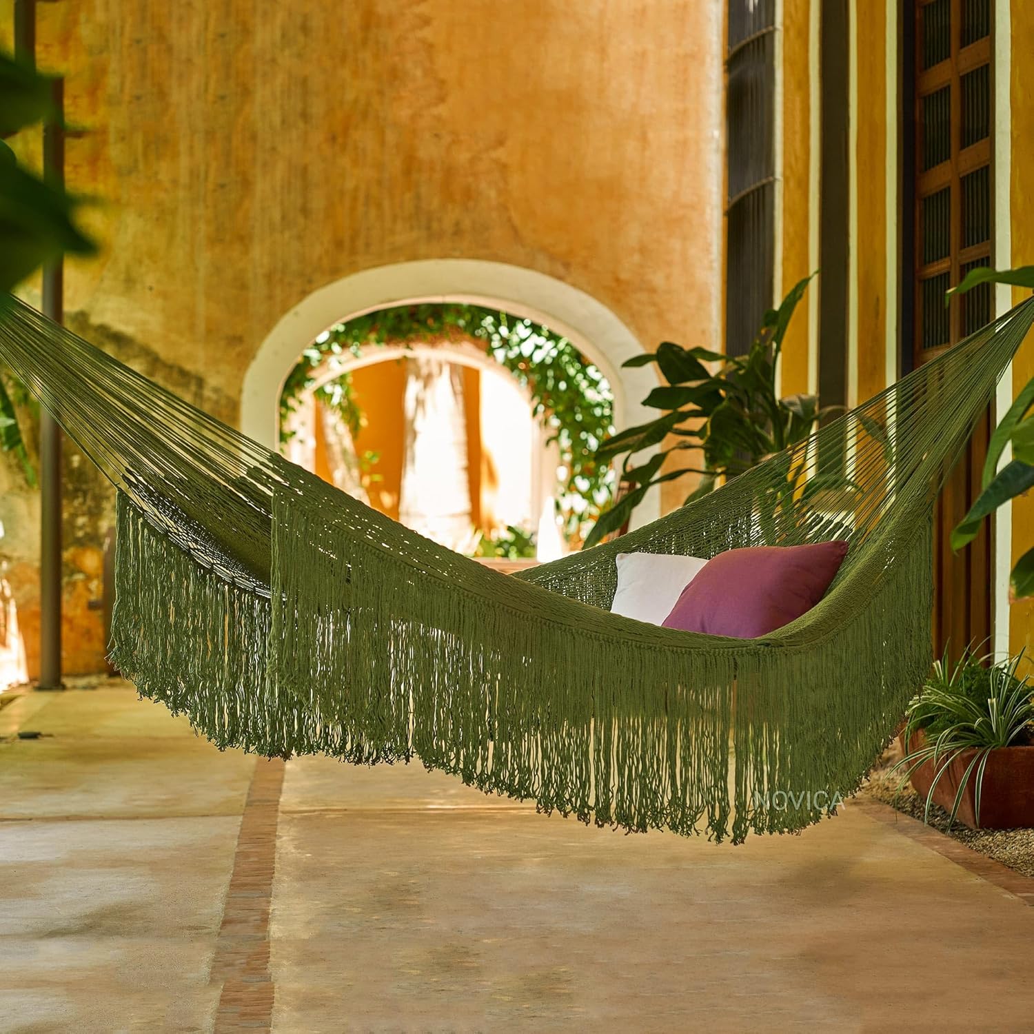 Novica Handmade Cascade in Olive Cotton Rope Hammock (Triple)