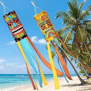 Relaxweex 2 Pcs Tiki Windsocks Hawaiian Party Decoration 40 Inch Tropical Windsock Tiki Bar Decorations Luau Tropical Decor Outdoor for Summer Jungle Birthday Decoration Beach Pool Bar Supplies