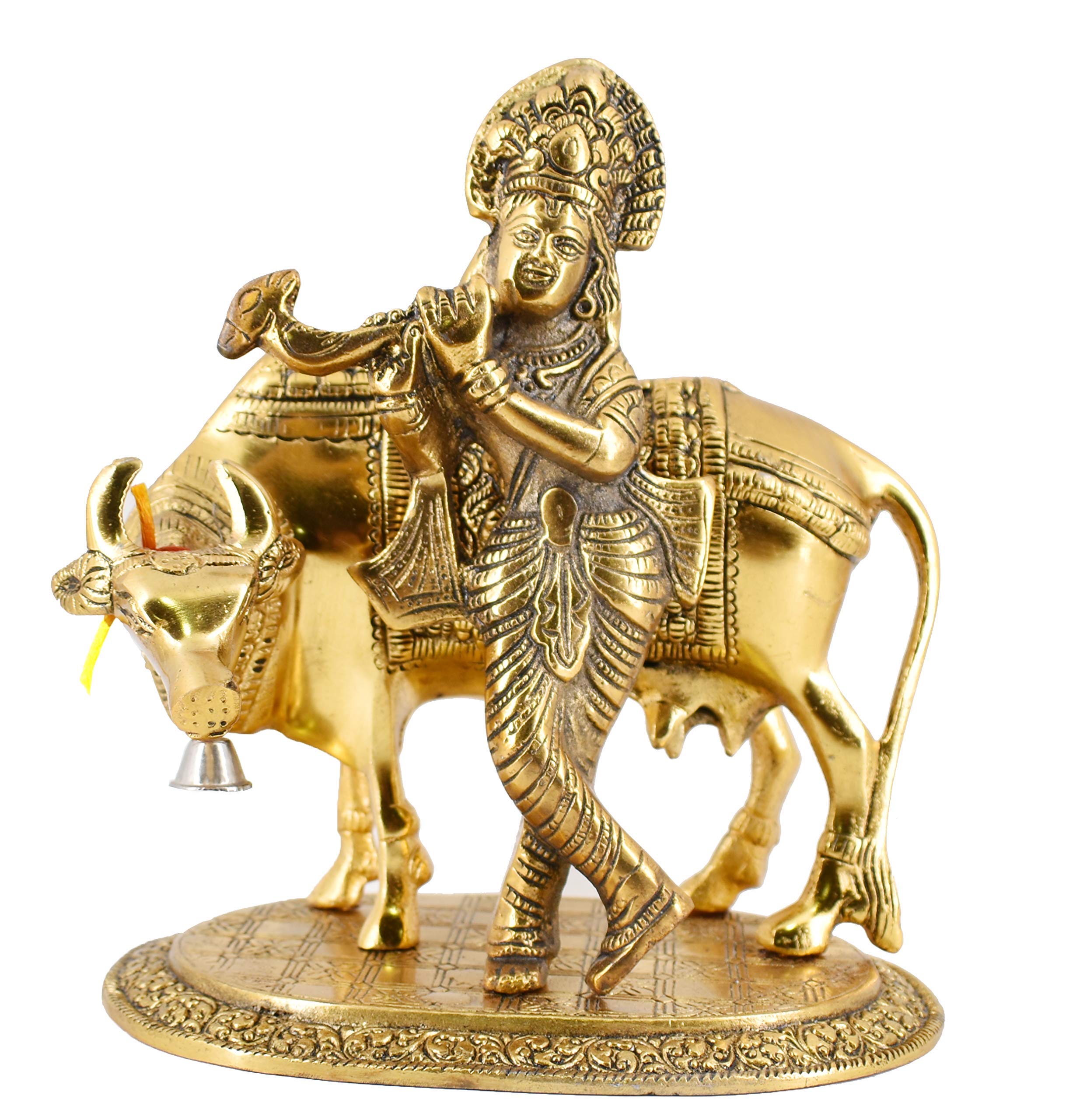 White Whale Lord Krishna Idol with Cow Sculpture Statue Murti - Puja Meditation Temple Prayer Office Home Decor