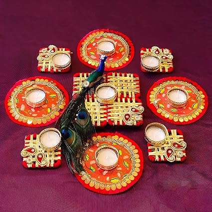 BeSmit DIY Rangoli Kit, 9 Pieces, Multicolour Handicraft, Diwali Decorations, T Light Holder, Handmade Rangoli, Festive Rangolee Design, Traditional Festival Rangoli (Without Candles) (Red)