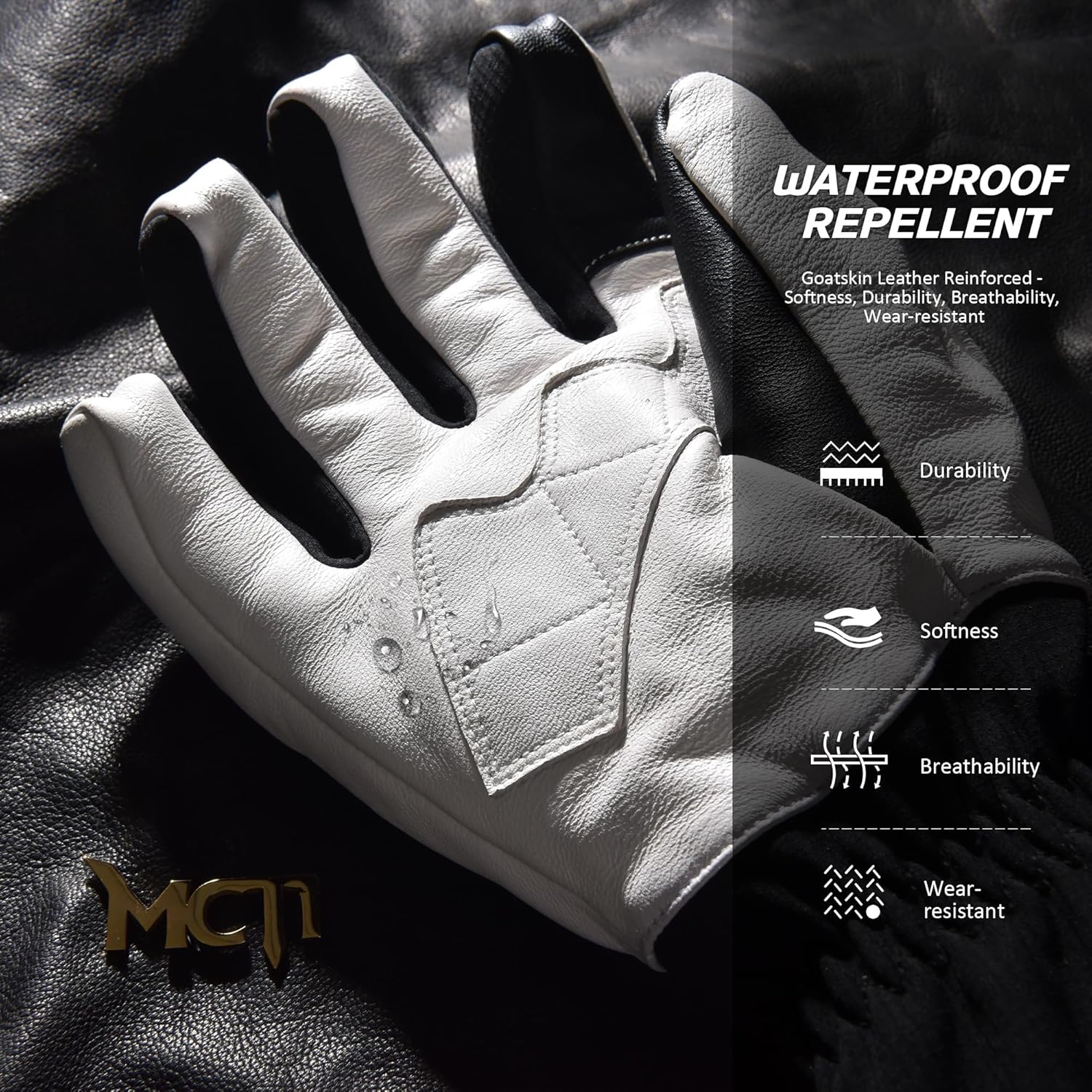 MCTi Leather Ski Gloves Men's Waterproof Touch Screen Long Gauntlet for Snowboarding Mountaineering