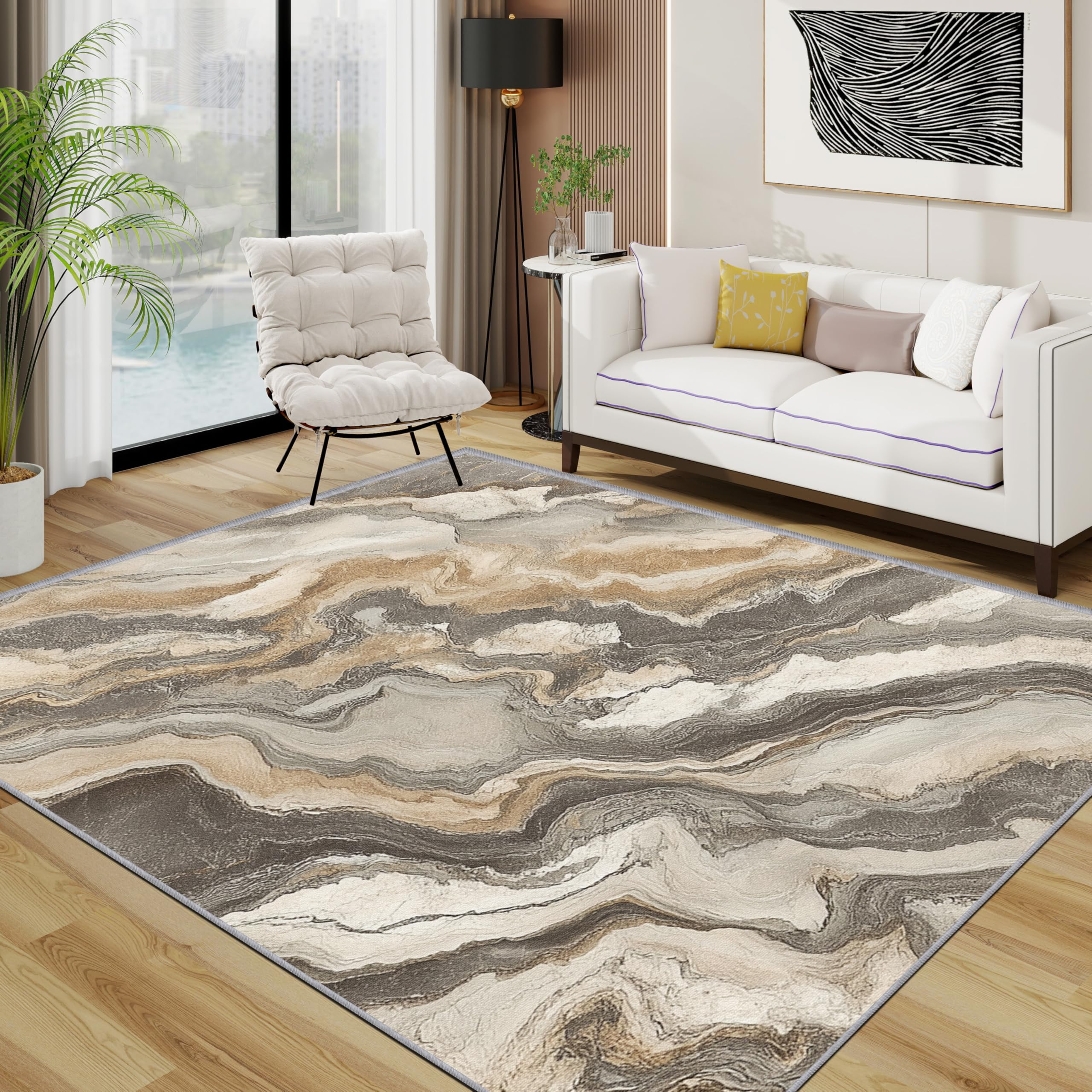 TerroVee Marble Rugs Living Room Large 200x300 - Modern Abstrac Minimalist Bedroom Rug, Simple Trendy Washable Non Slip Low Pile Carpet, Marble Home Decor