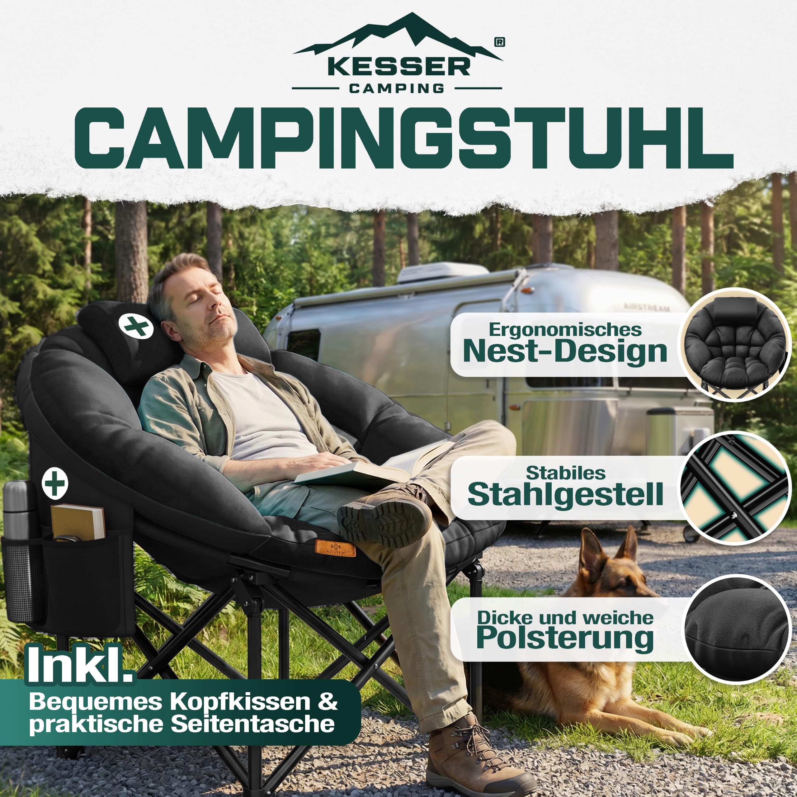 KESSER® Campingstuhl Chillexer faltbar 150 Kg Klappstuhl Ultraleicht und breit, Dickes Polster mit bequemen Kissen und Seitentasche, Cover, Outdoor + Indoor - rund, Camping, Angeln, Festival, Strand